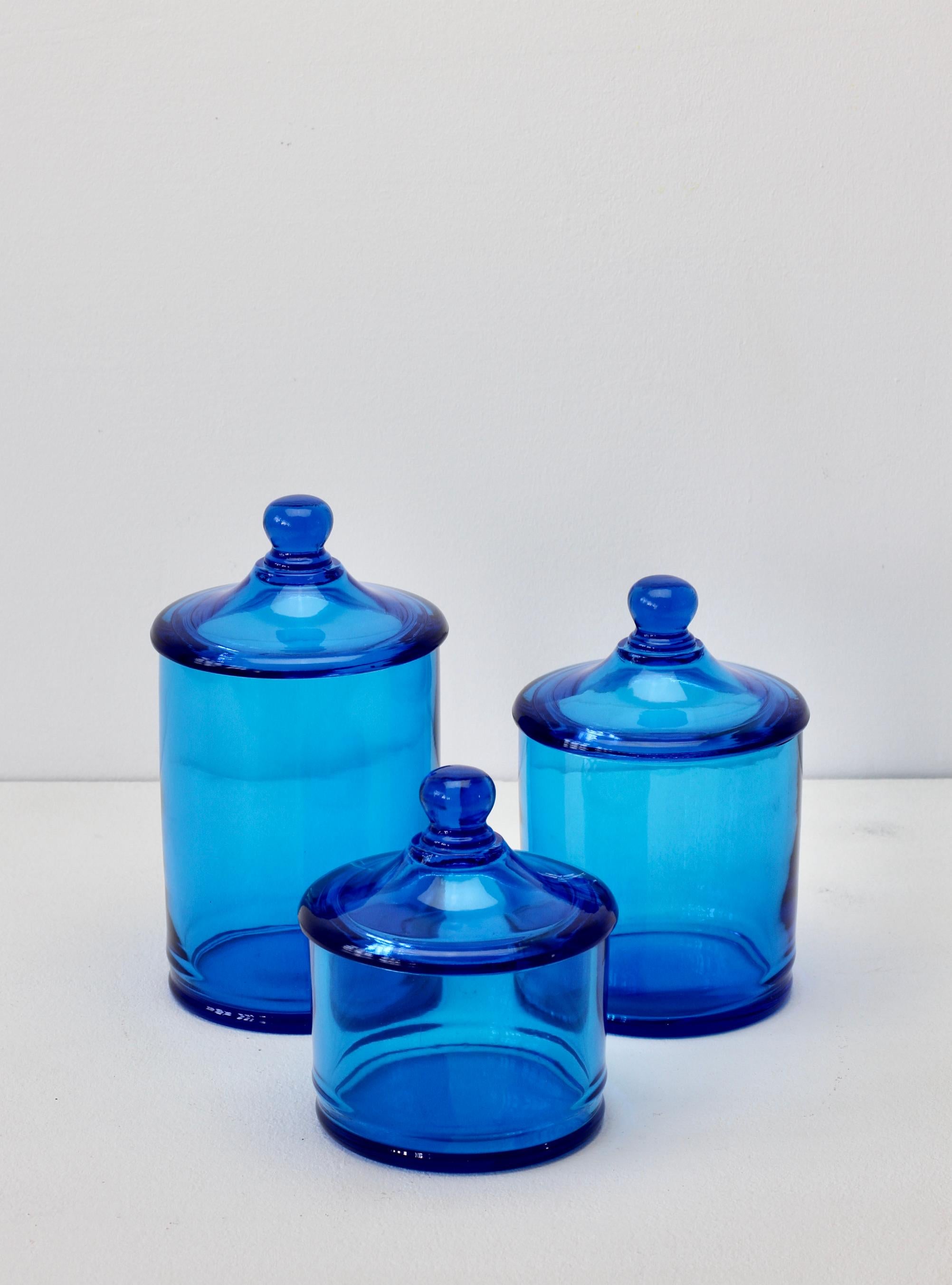 Mid-Century Modern Cenedese Rare Vintage Trio of Blue Glass Apothecary Lidded Jars Murano Italy For Sale