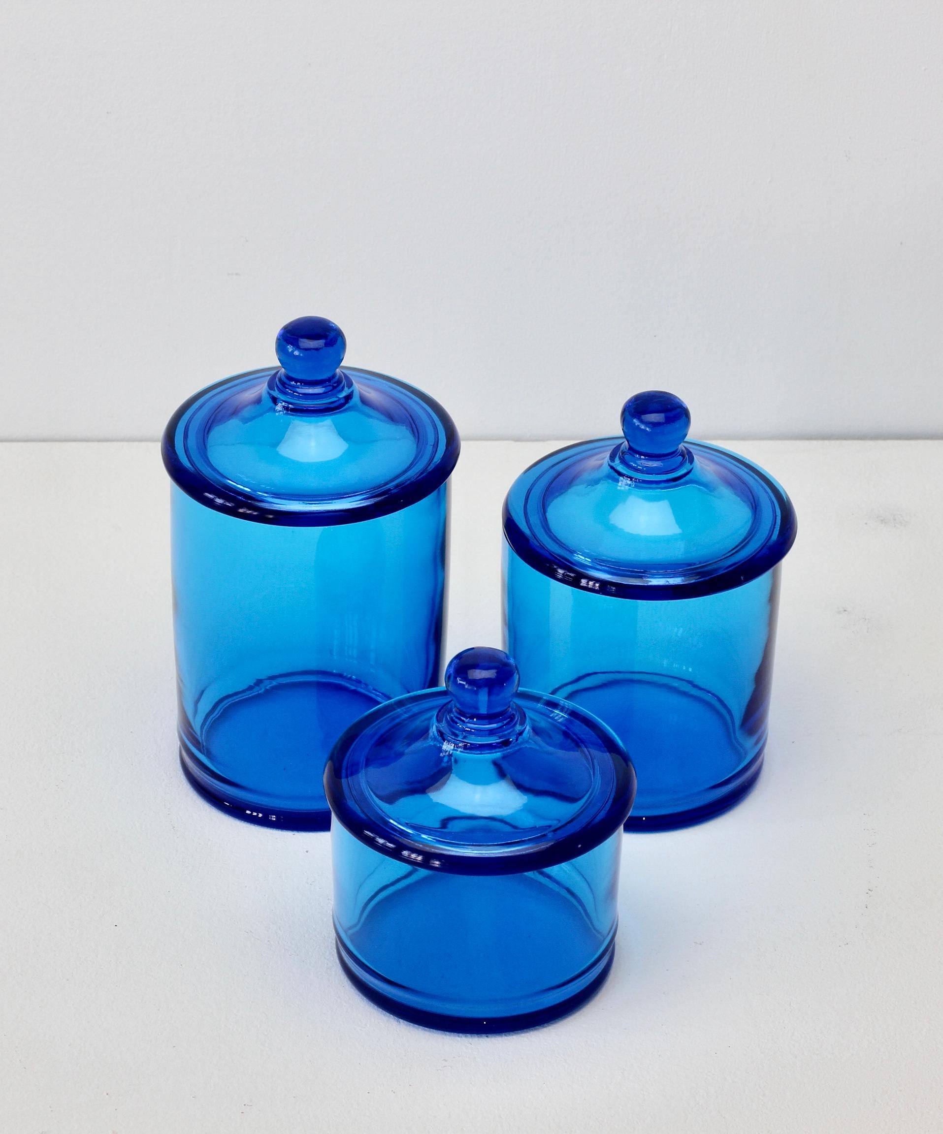 Italian Cenedese Rare Vintage Trio of Blue Glass Apothecary Lidded Jars Murano Italy For Sale