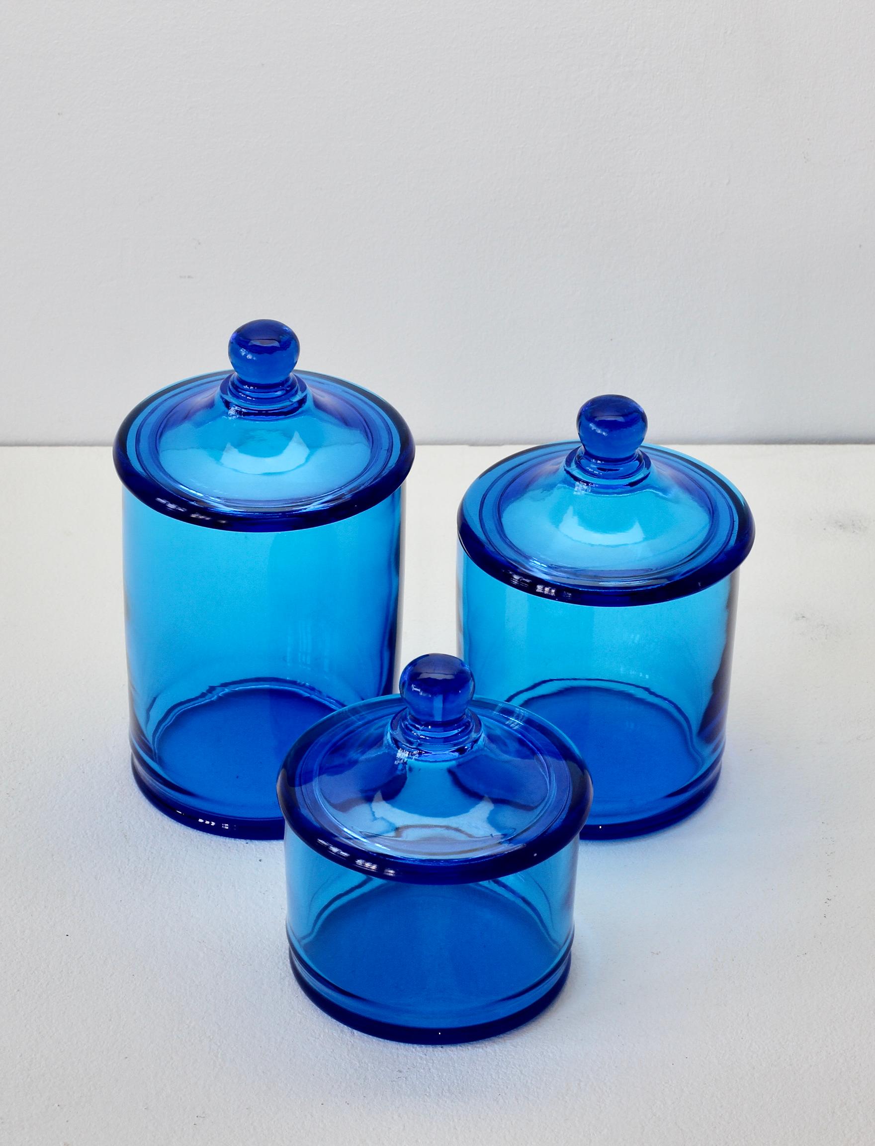 20th Century Cenedese Rare Vintage Trio of Blue Glass Apothecary Lidded Jars Murano Italy For Sale