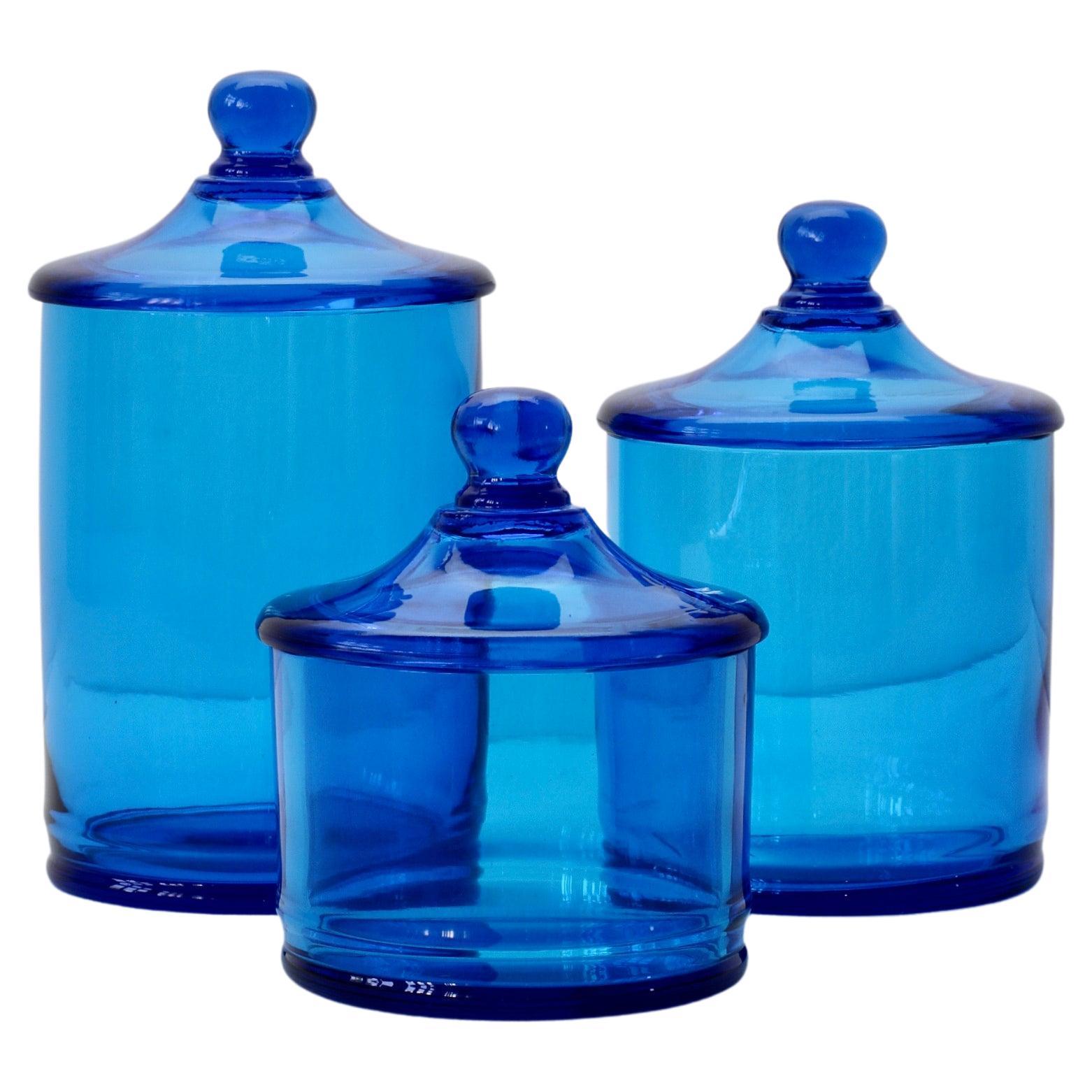 Cenedese Rare Vintage Trio of Blue Glass Apothecary Lidded Jars Murano Italy