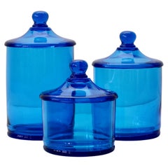 Cenedese Rare Vintage Trio of Blue Glass Apothecary Lidded Jars Murano Italy
