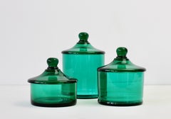 Cenedese Rare Vintage Trio of Green Glass Apothecary Lidded Jars Murano Italy