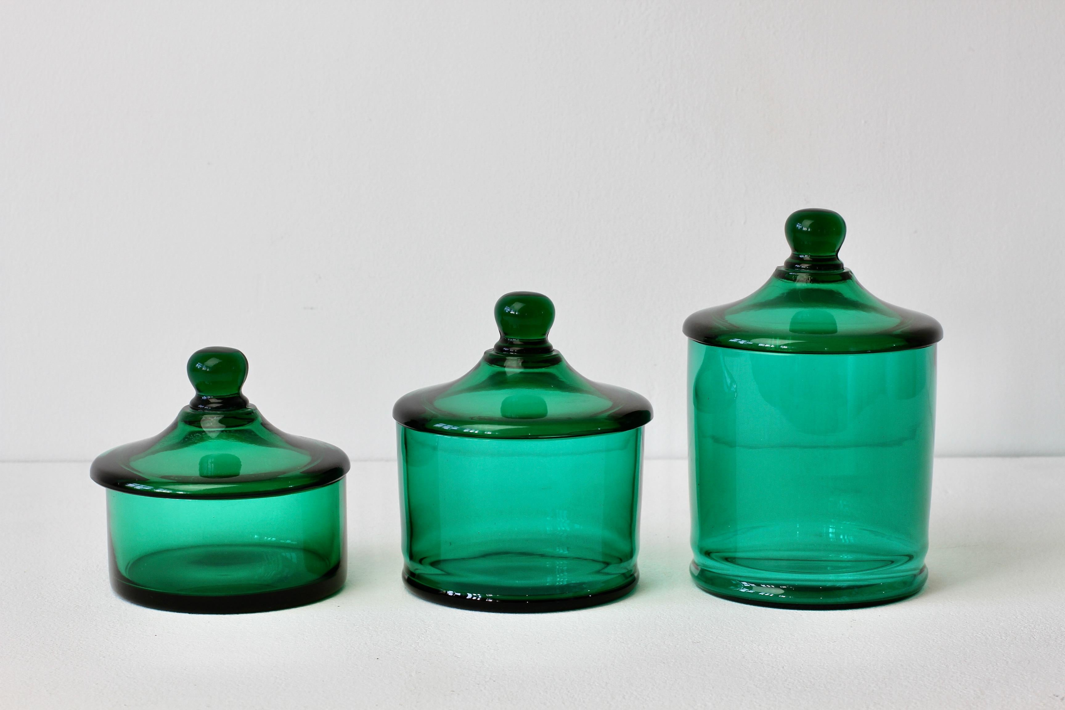 Italian Cenedese Rare Vintage Trio of Green Glass Apothecary Lidded Jars Murano Italy For Sale