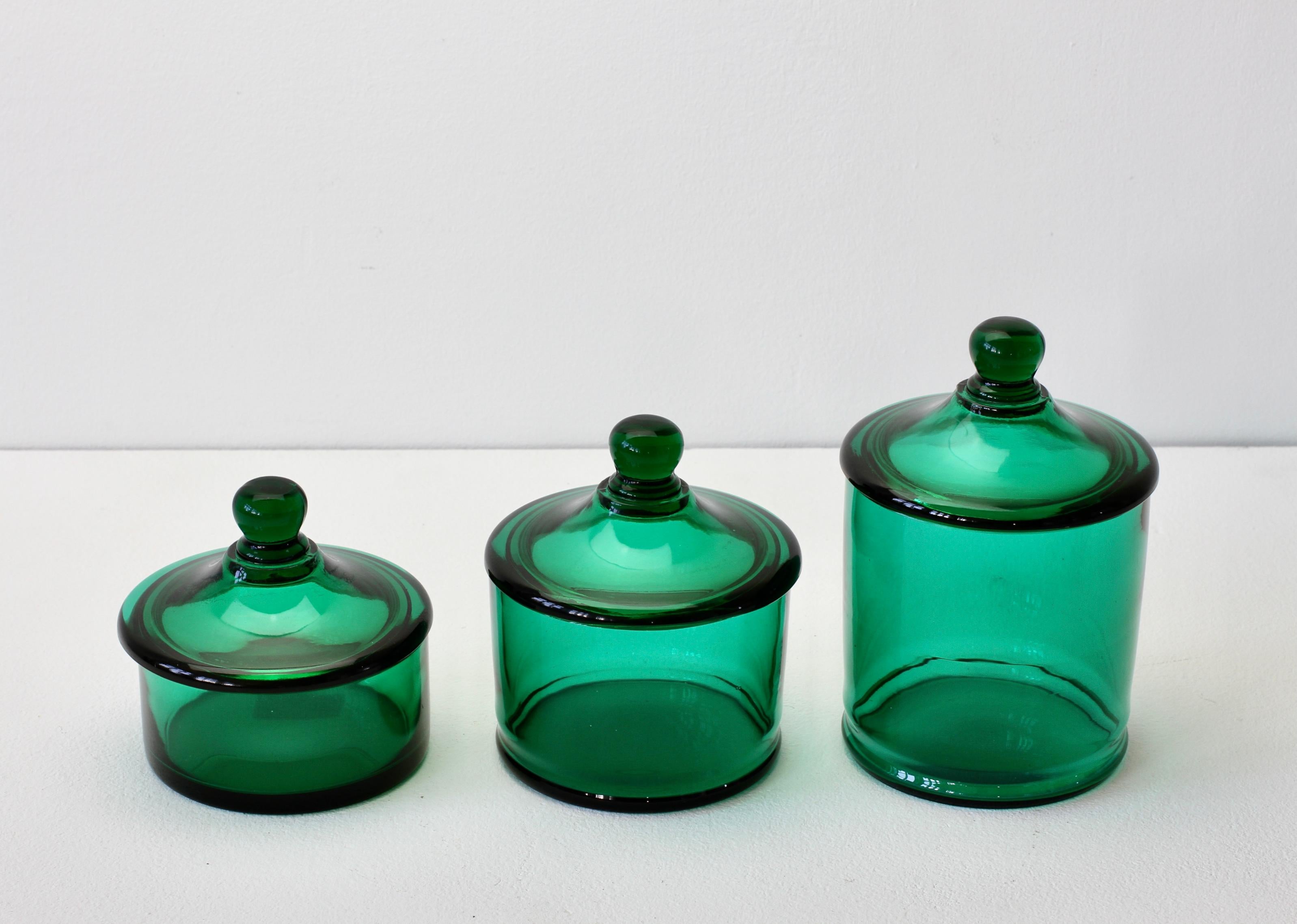 20th Century Cenedese Rare Vintage Trio of Green Glass Apothecary Lidded Jars Murano Italy For Sale