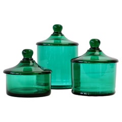 Cenedese Rare Vintage Trio of Green Glass Apothecary Lidded Jars Murano Italy
