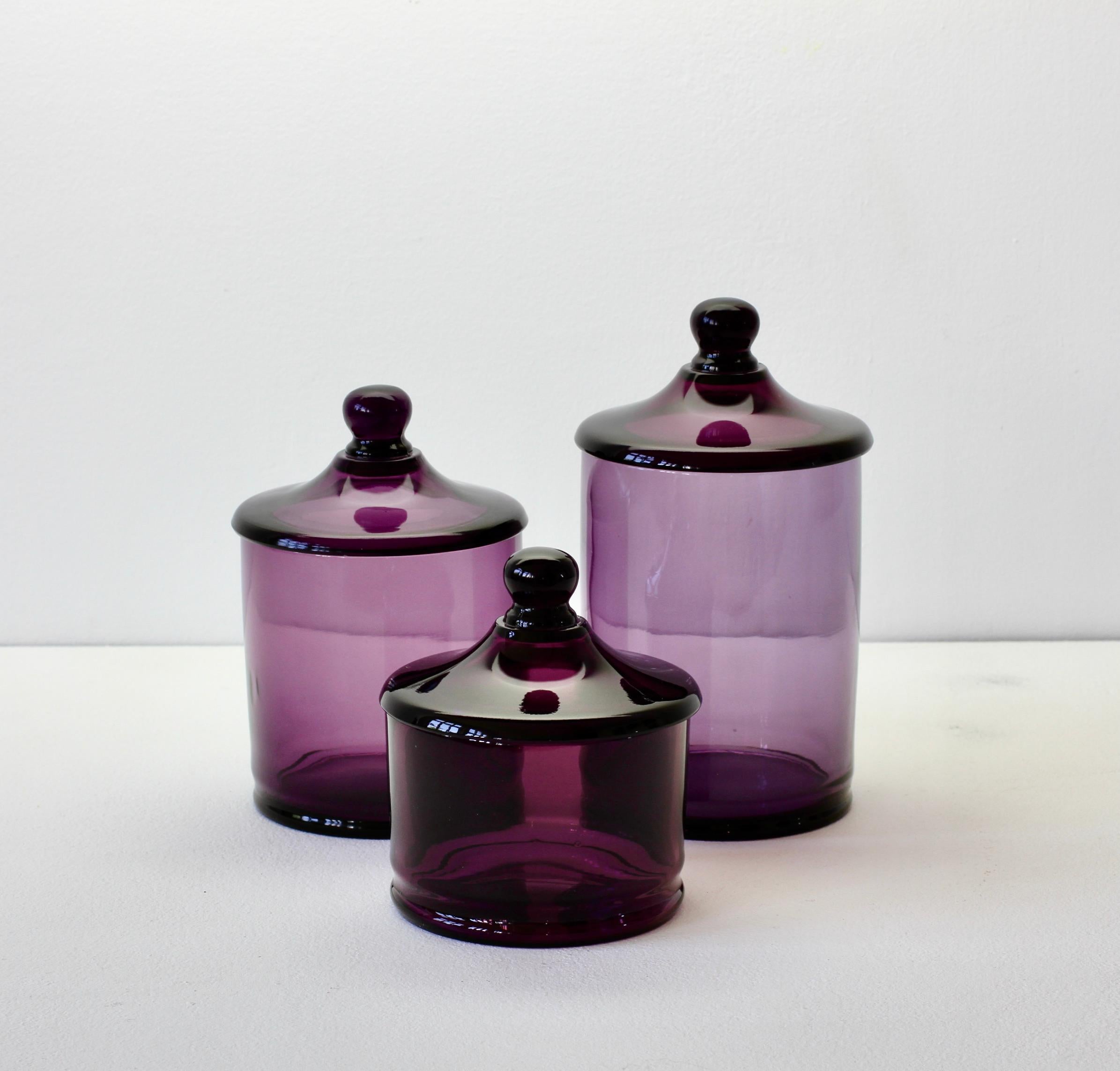 Italian Cenedese Rare Vintage Trio of Purple Glass Apothecary Lidded Jars Murano Italy For Sale