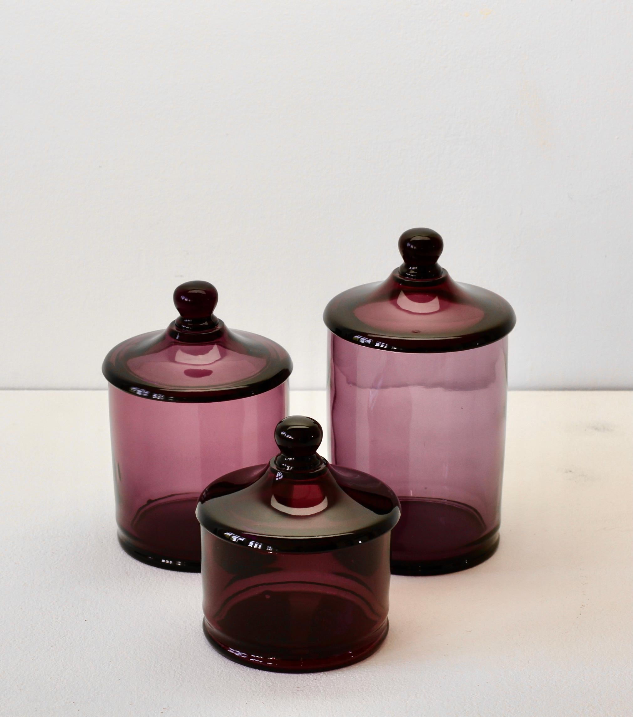 Italian Cenedese Rare Vintage Trio of Purple Glass Apothecary Lidded Jars Murano Italy