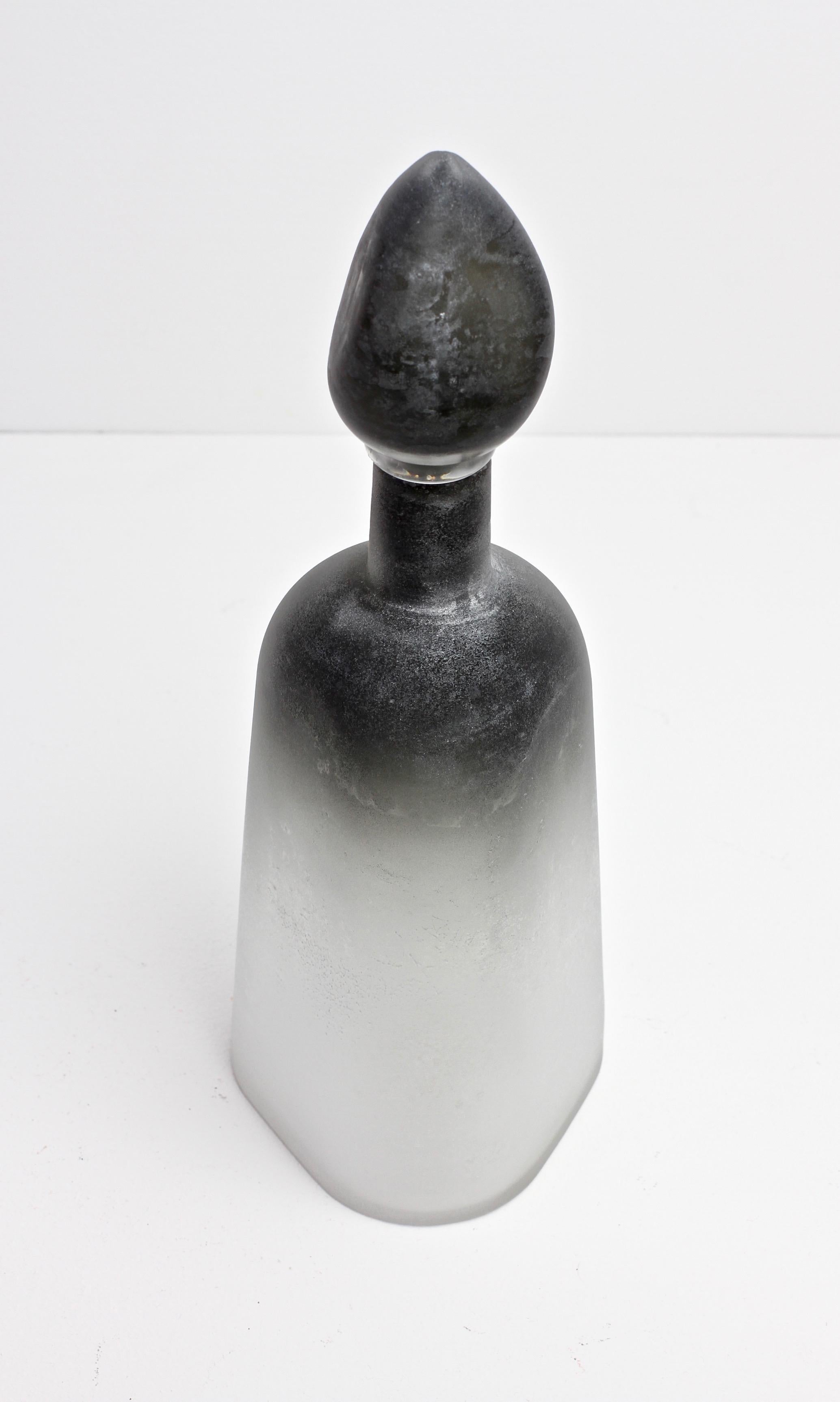 Italian Cenedese Signed Bottle or Flask in Frosted Black & Clear Colored Murano Glass For Sale