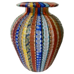 Cenedese Signed, Glass Murano Multicolor Vase Canned and Battuto Work