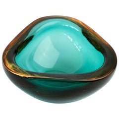 Cenedese Signed Green and Amber Colored Italian Murano Glass Bowl, circa 1960