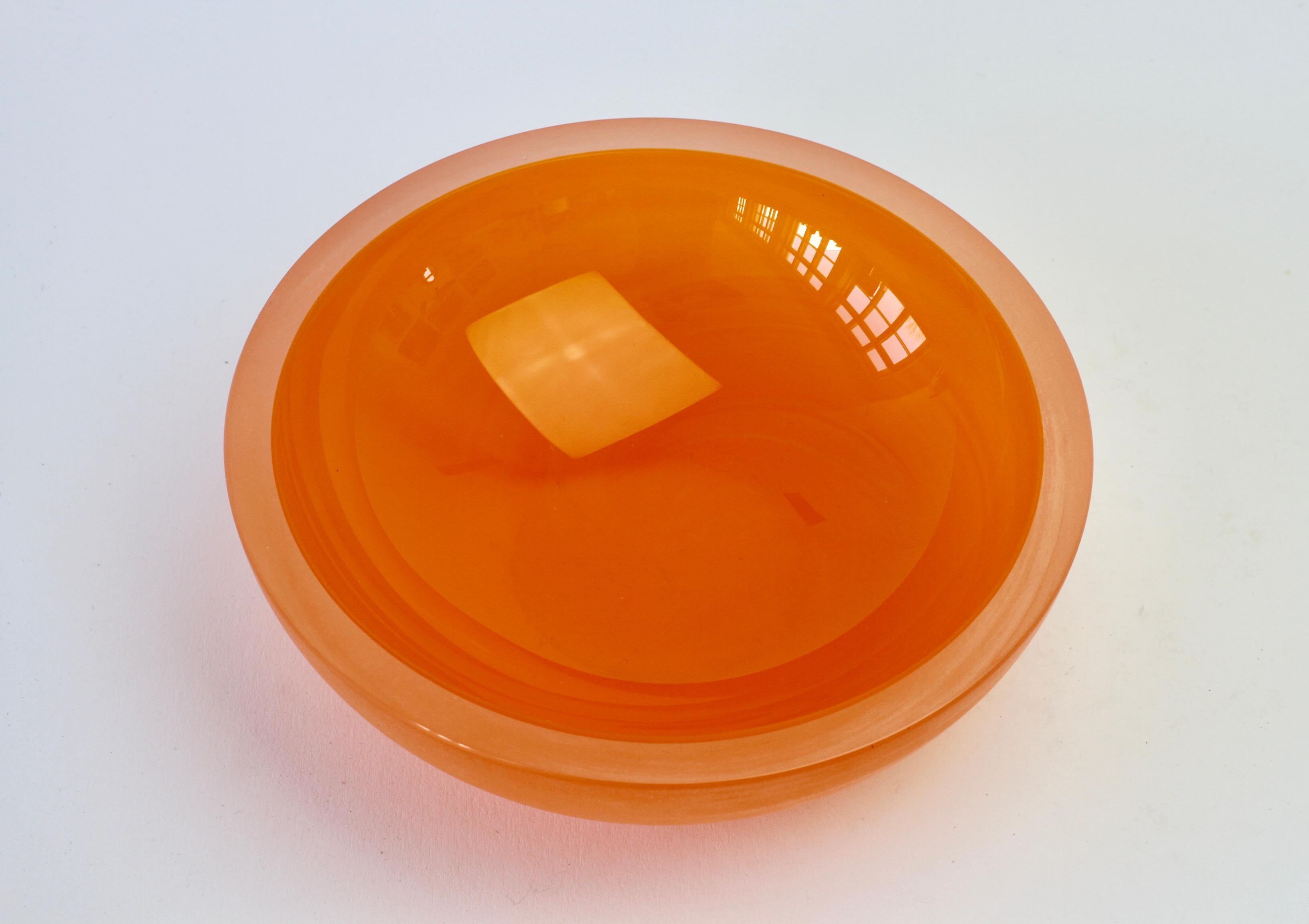 Large 18cm wide Murano glass bowl, dish or ashtray 'signed' by Cenedese. Wonderful translucent glass over bright orange with the textured look and feel of acid-etched / sandblasted frosted glass - very similar to the 'scavo' finish or 'corroso'