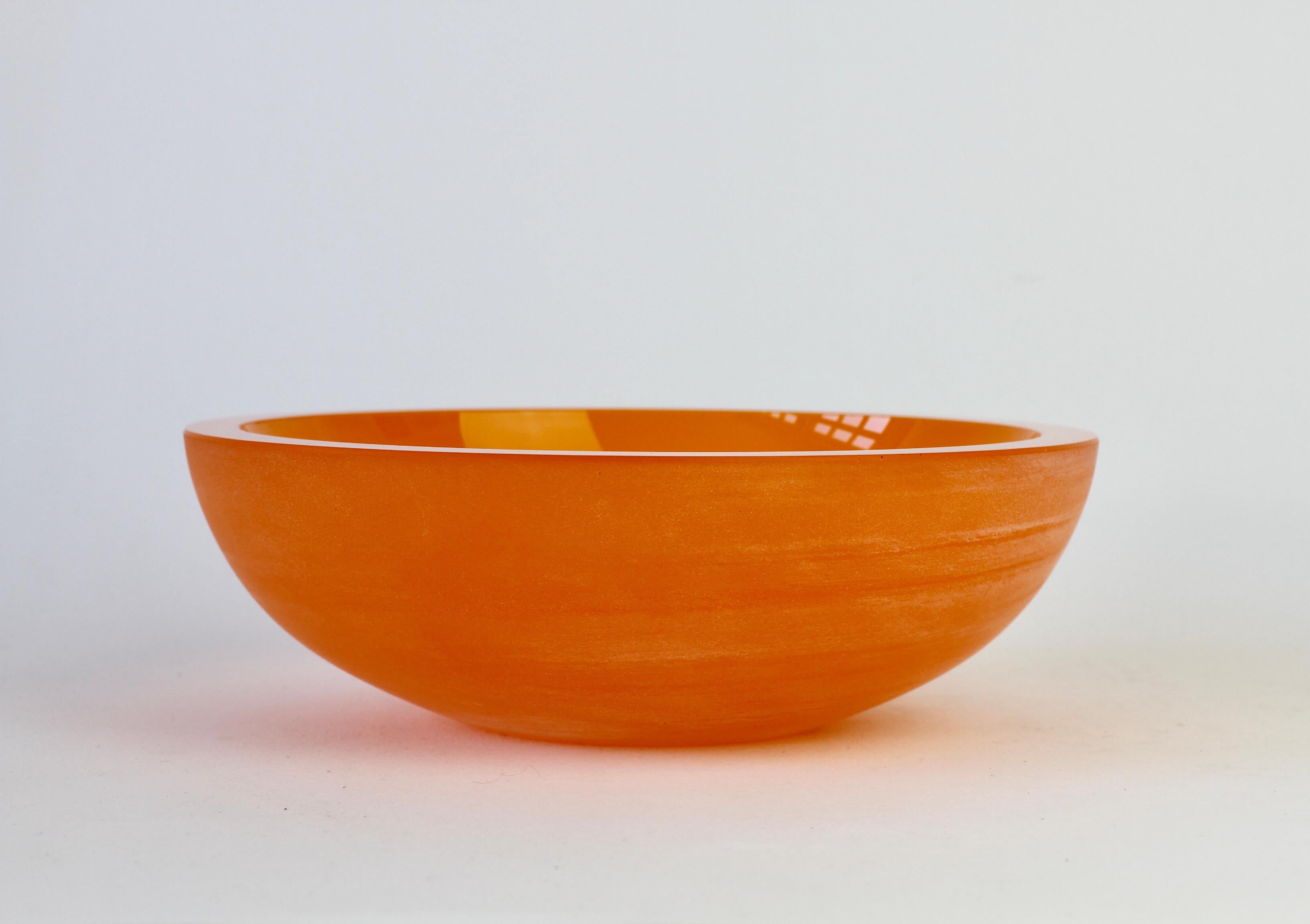 Italian Cenedese Signed Large Vintage Murano Orange Colored Frosted Glass Bowl or Dish For Sale