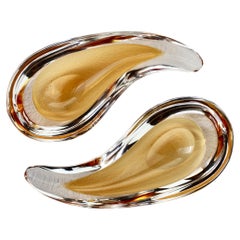 Vintage Cenedese Signed Pair of Mid-Century Modern Amber Murano Glass Snack Bowls 1960s