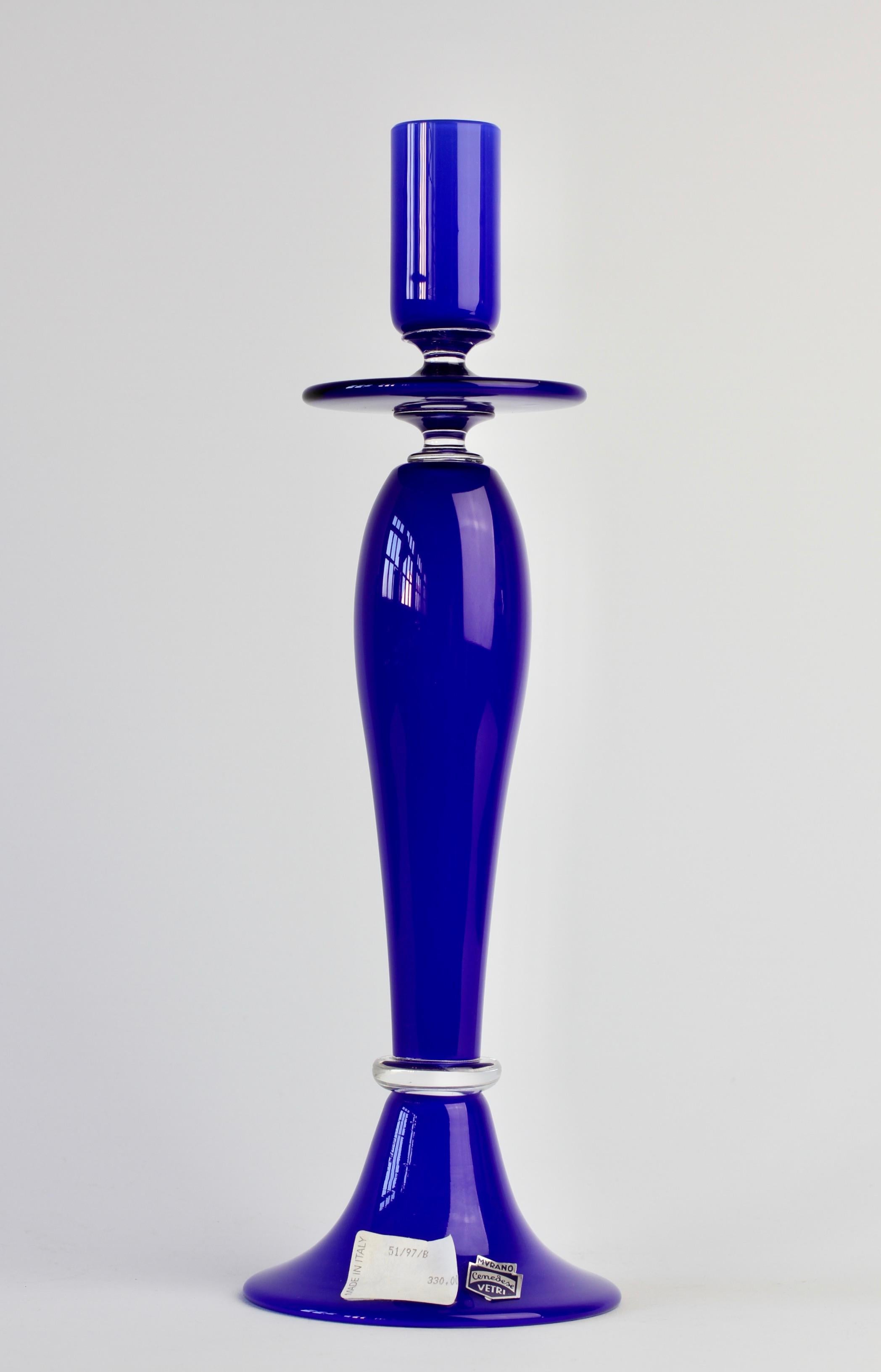 Mid-Century Modern Cenedese Signed Tall Blue Italian Murano Glass Candlestick Holder / Candelabra