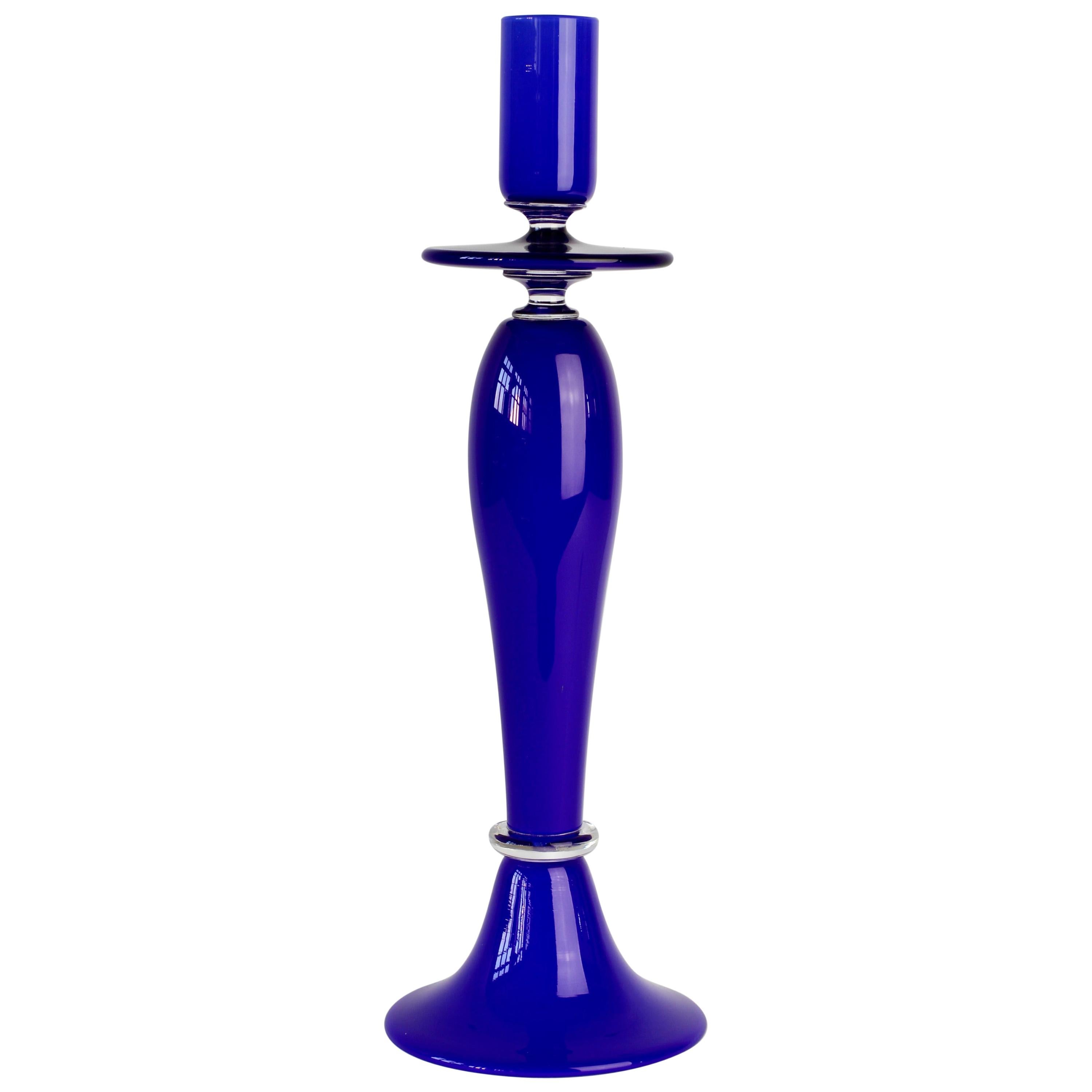 Cenedese Signed Tall Blue Italian Murano Glass Candlestick Holder / Candelabra