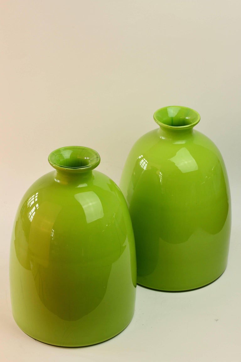 Colorful Tall Pair of Green Vintage Italian Murano Glass Vases by