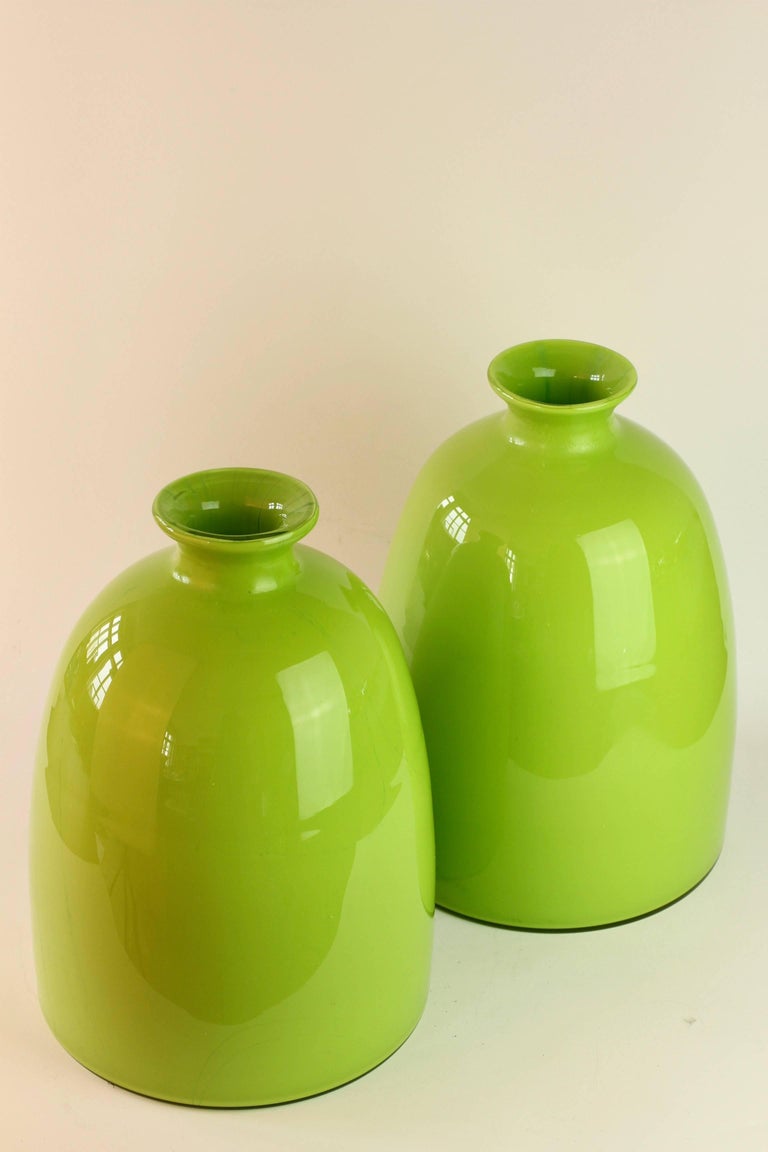 Colorful Tall Pair Of Green Vintage Italian Murano Glass Vases By Cenedese
