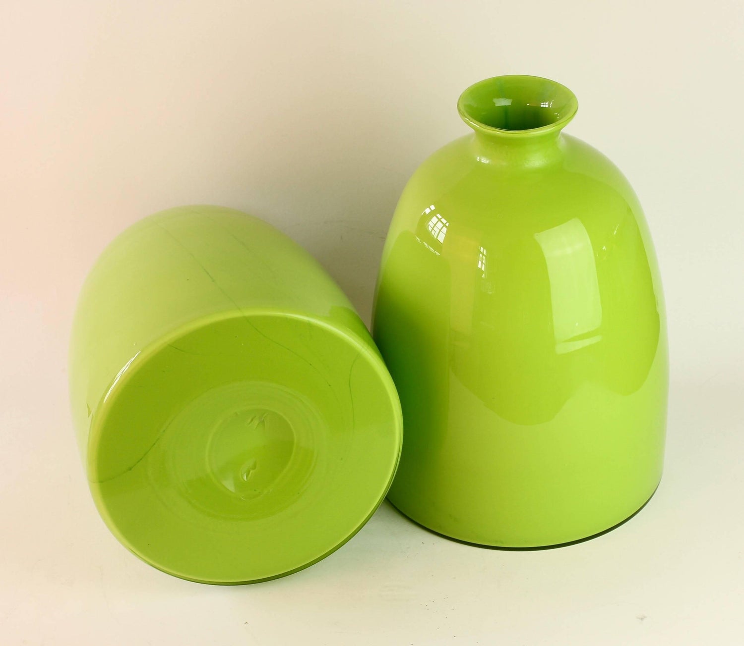 Colorful Tall Pair Of Green Vintage Italian Murano Glass Vases By