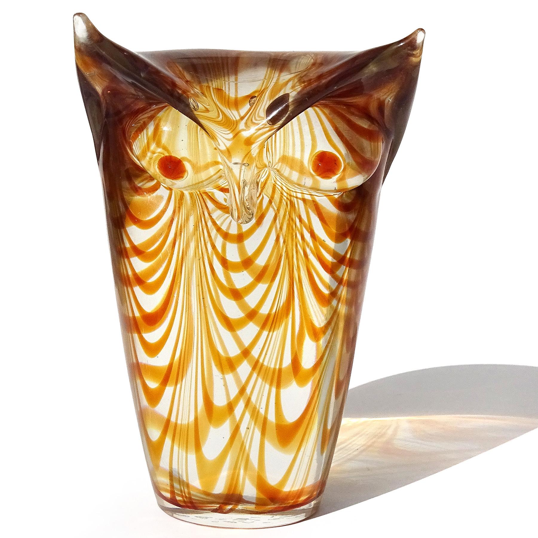 Mid-Century Modern Cenedese Tosi 1979 Murano Sommerso Orange Italian Art Glass Owl Figure Sculpture