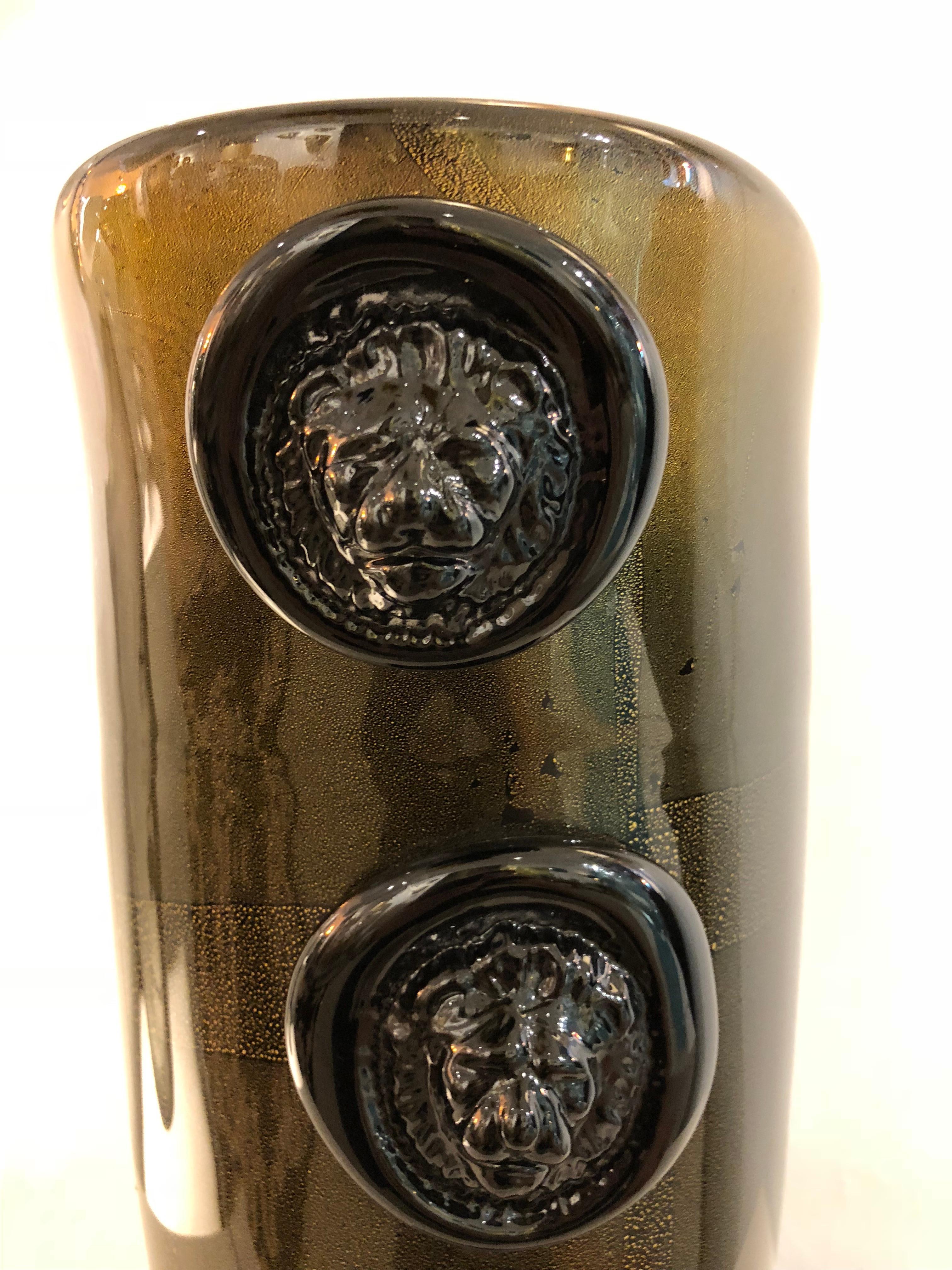 Cenedese Vintage Pair of Pure Gold and Black Murano Glass Vases with Lion Heads 3