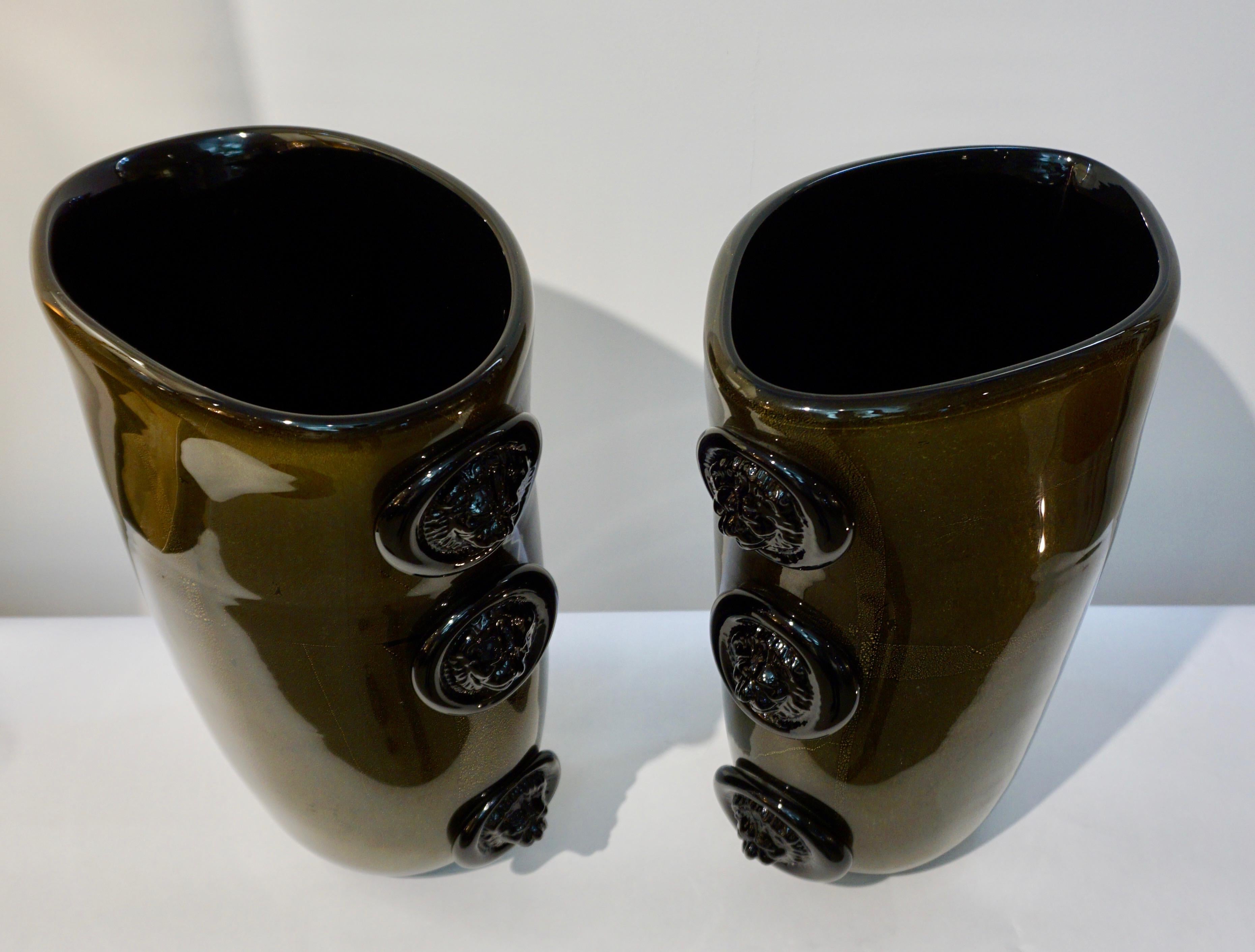 Cenedese Vintage Pair of Pure Gold and Black Murano Glass Vases with Lion Heads 5