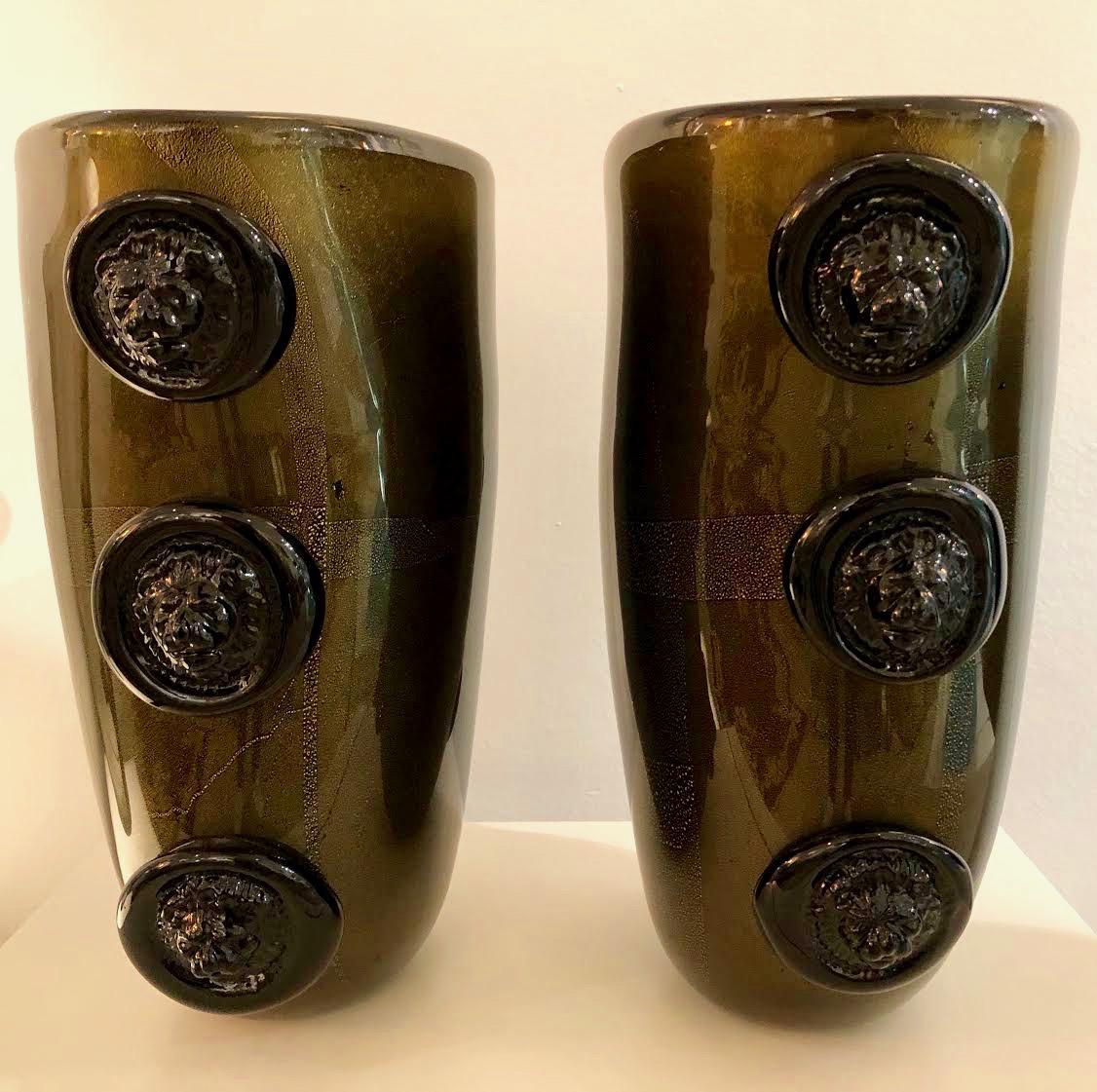 Hand-Crafted Cenedese Vintage Pair of Pure Gold and Black Murano Glass Vases with Lion Heads