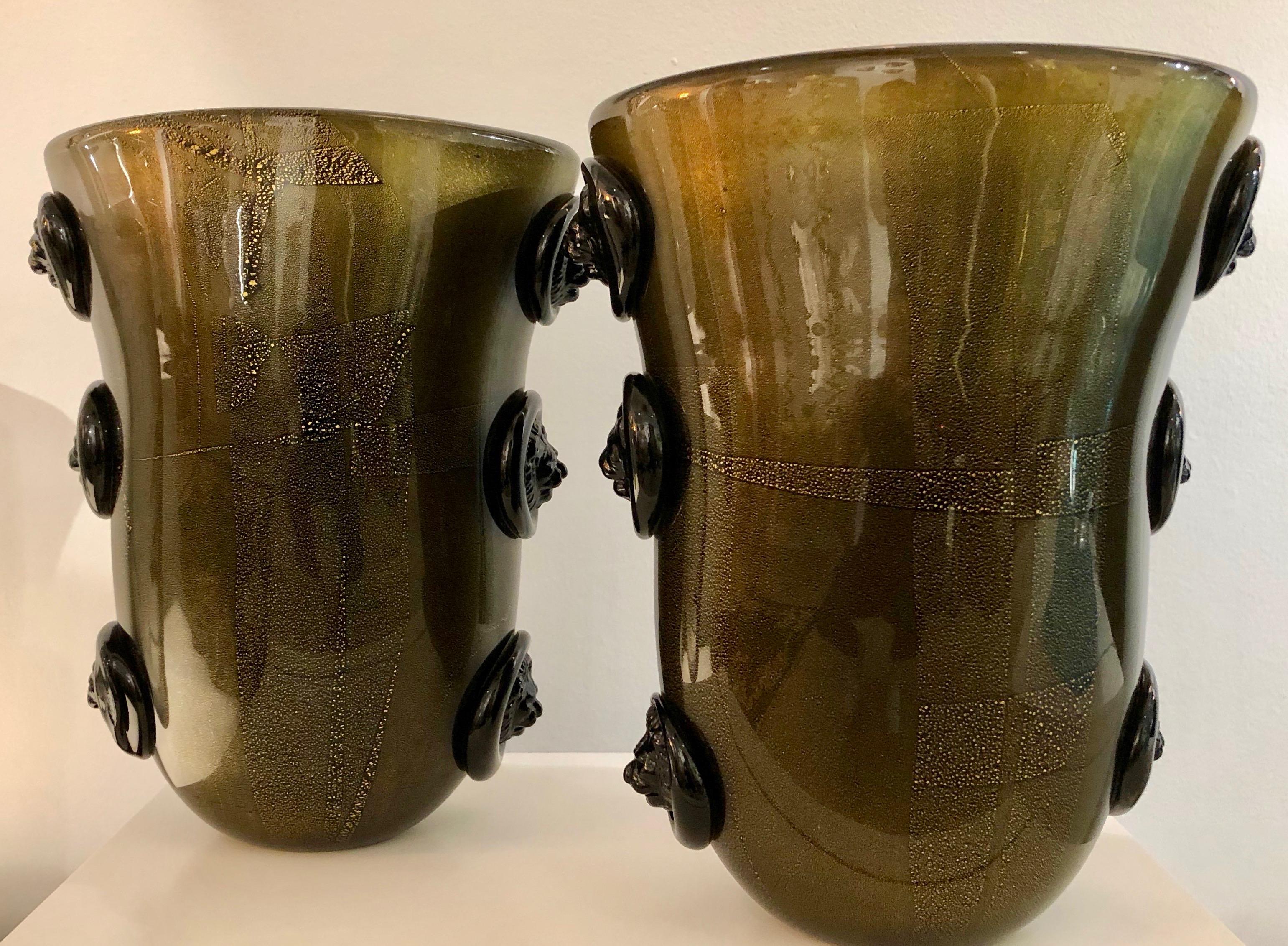 Cenedese Vintage Pair of Pure Gold and Black Murano Glass Vases with Lion Heads 1