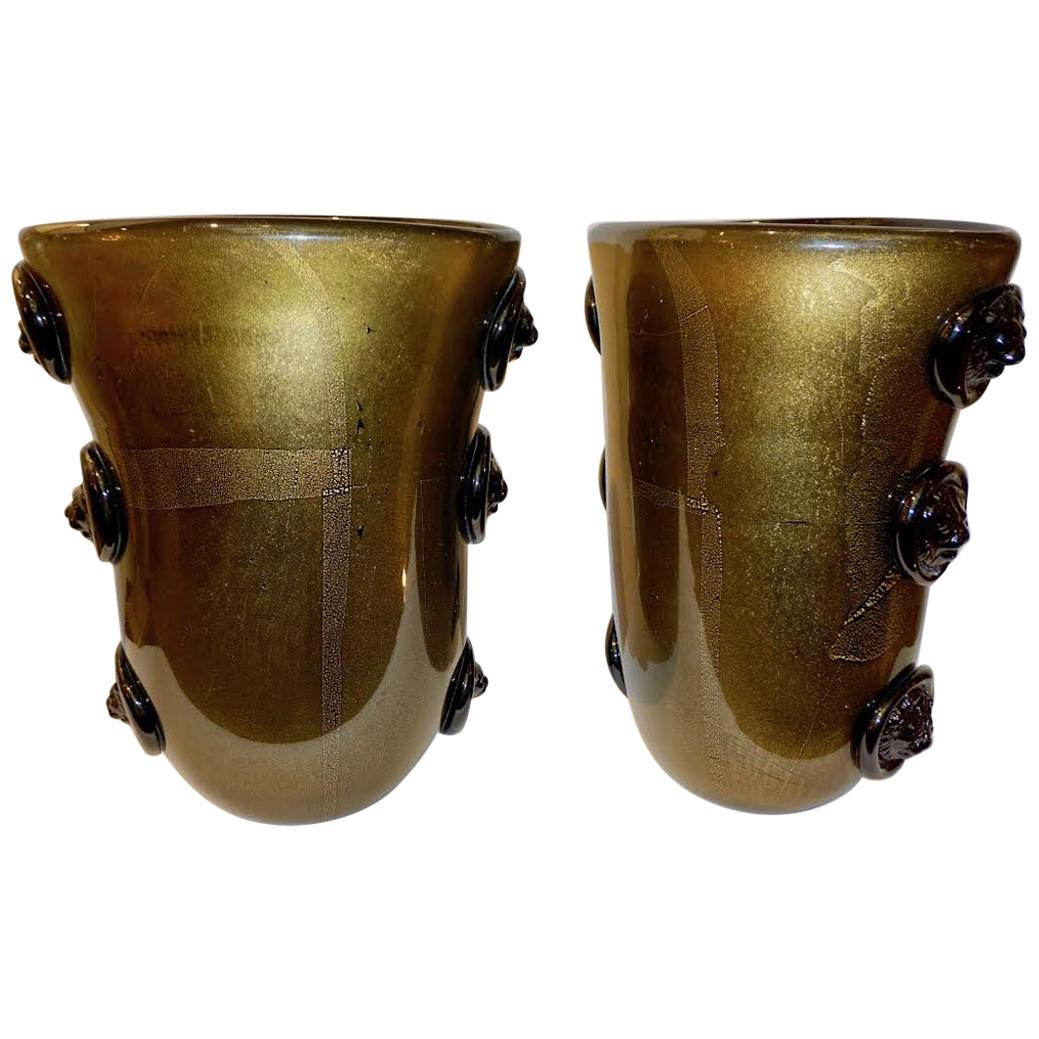 Cenedese Vintage Pair of Pure Gold and Black Murano Glass Vases with Lion Heads