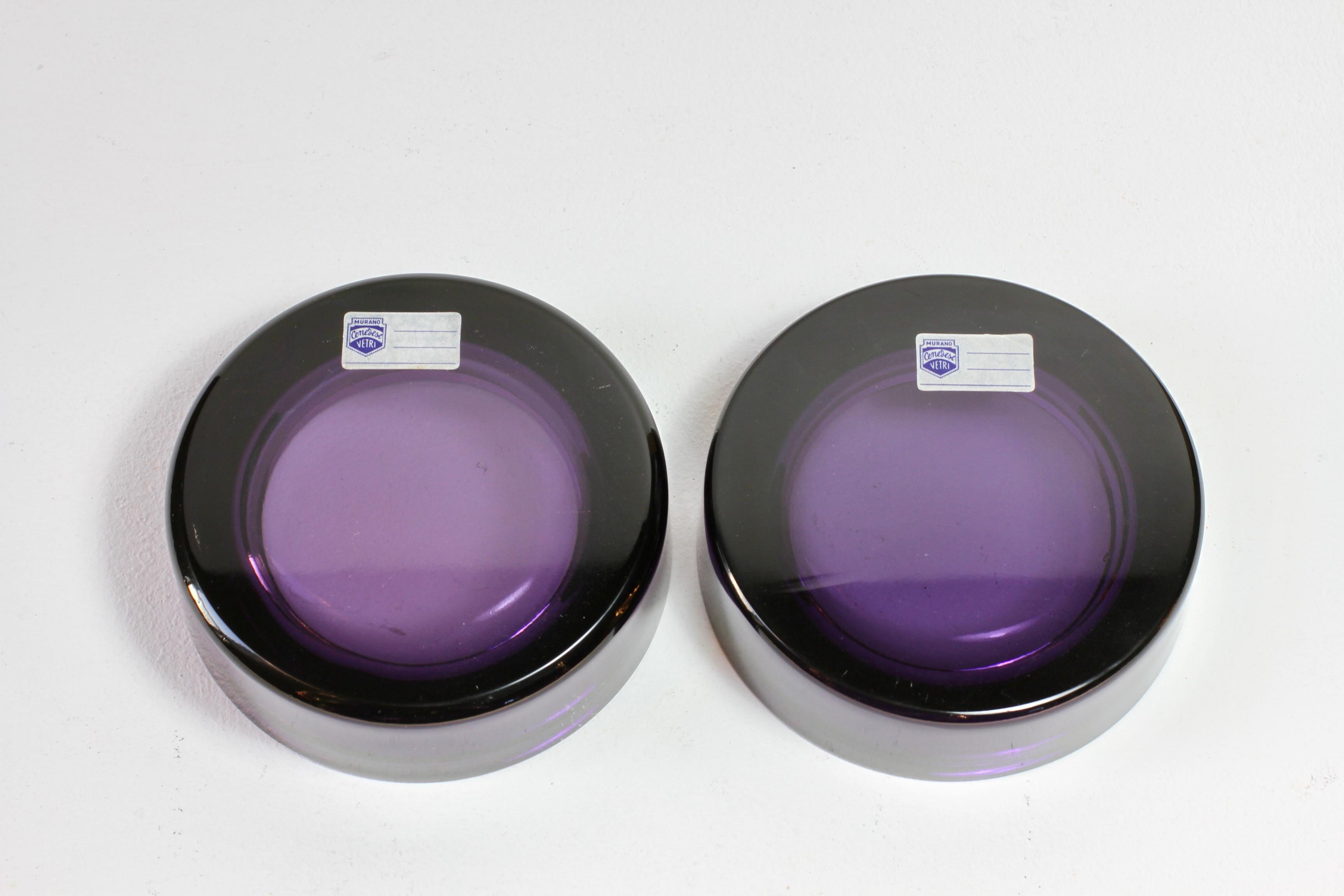 Cenedese Vintage Pair of Purple Murano Glass Dishes, Bowls or Ashtrays 1970s For Sale 3