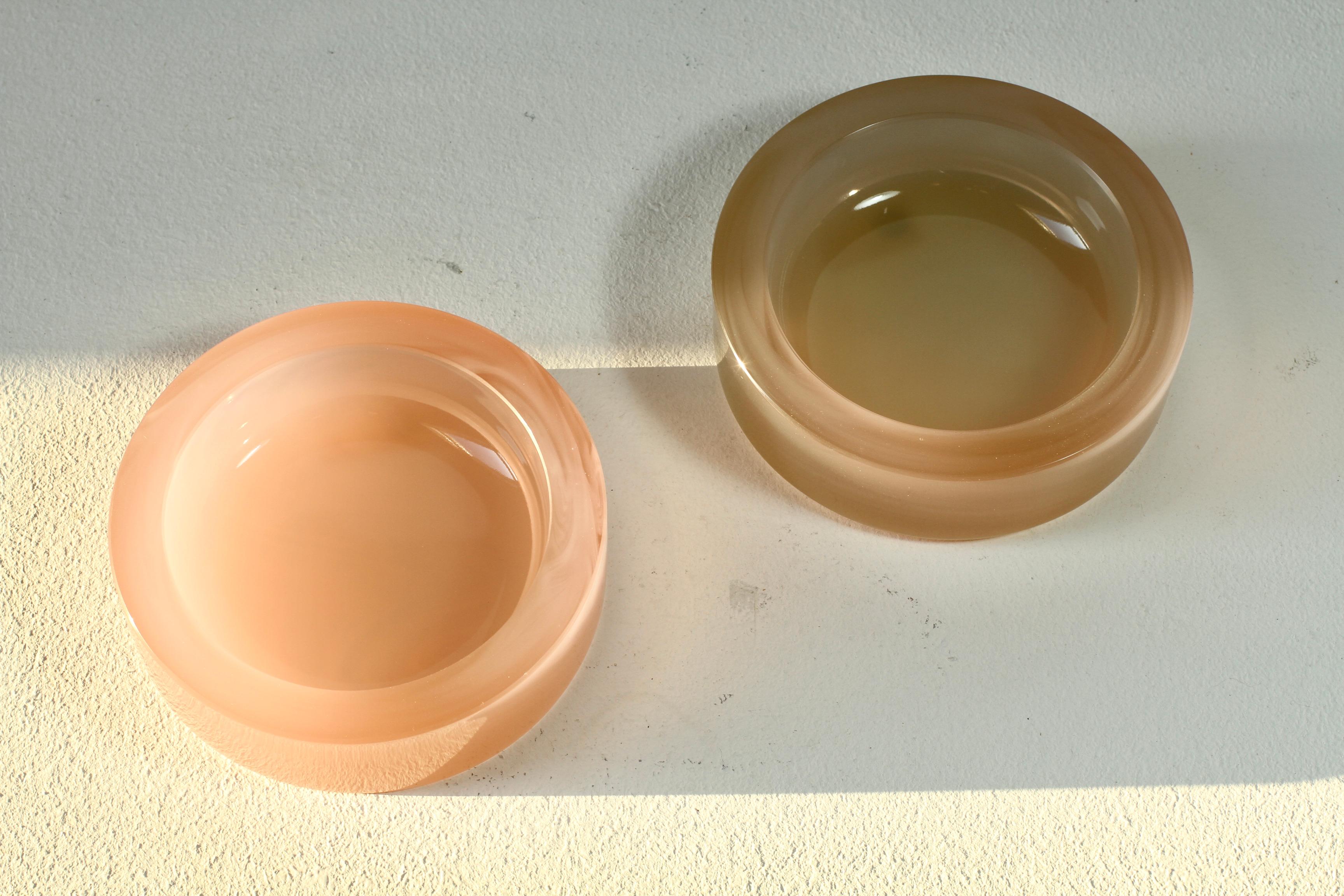 Blown Glass Cenedese Vintage Pink Pair of Opaline Murano Glass Dishes, Bowls, Ashtrays 1970s For Sale