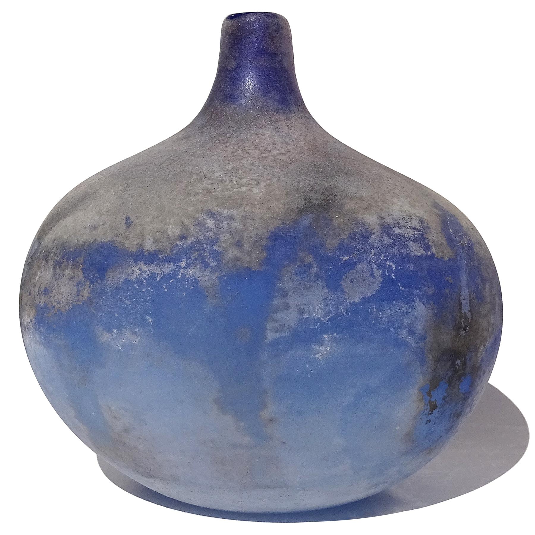 Mid-Century Modern Cenedese Xlrg Murano Blue Black Gray Scavo Texture Italian Art Glass Flower Vase For Sale