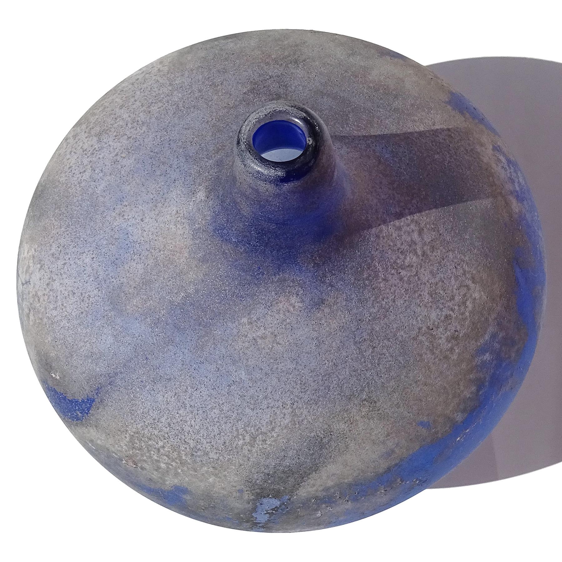 Cenedese Xlrg Murano Blue Black Gray Scavo Texture Italian Art Glass Flower Vase For Sale 1