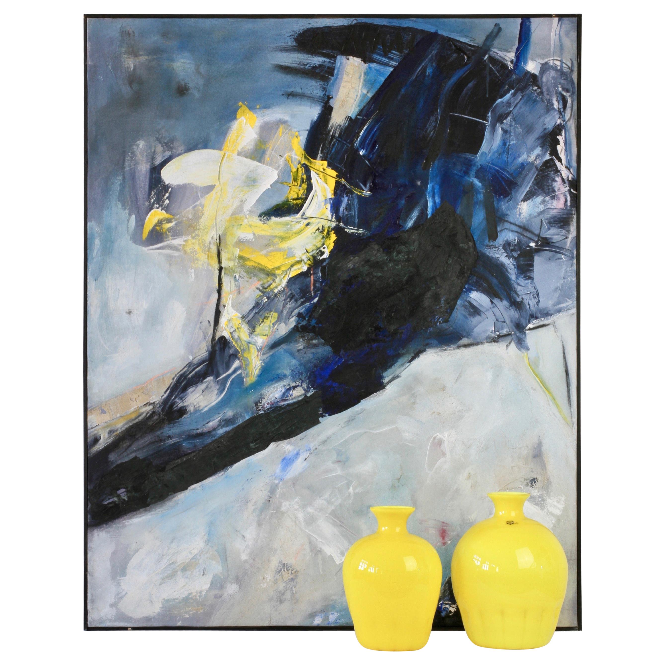Cenedese Yellow Murano Glass Vases and Abstract Modern Mixed-Media Painting Set