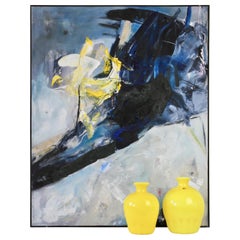 Cenedese Yellow Murano Glass Vases and Abstract Modern Mixed-Media Painting Set