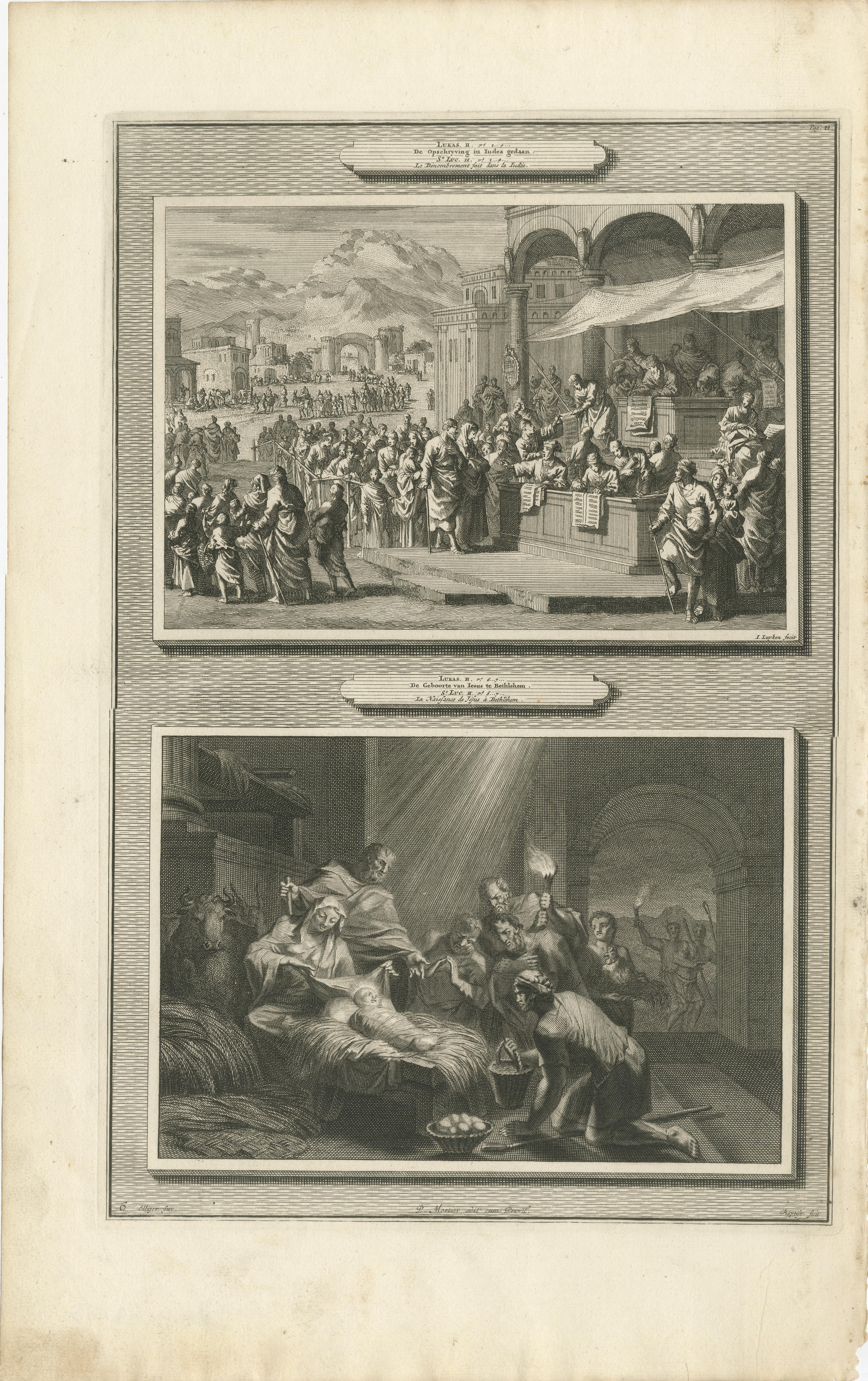 Volkszählung von Bethlehem und Geburt Christi, Pieter Mortier, ca. 1700

Antiker Originalstich aus Histoire du Vieux et du Nouveau Testament, veröffentlicht in Amsterdam von Pieter Mortier um 1700. Diese Doppeltafel zeigt zwei grundlegende Episoden