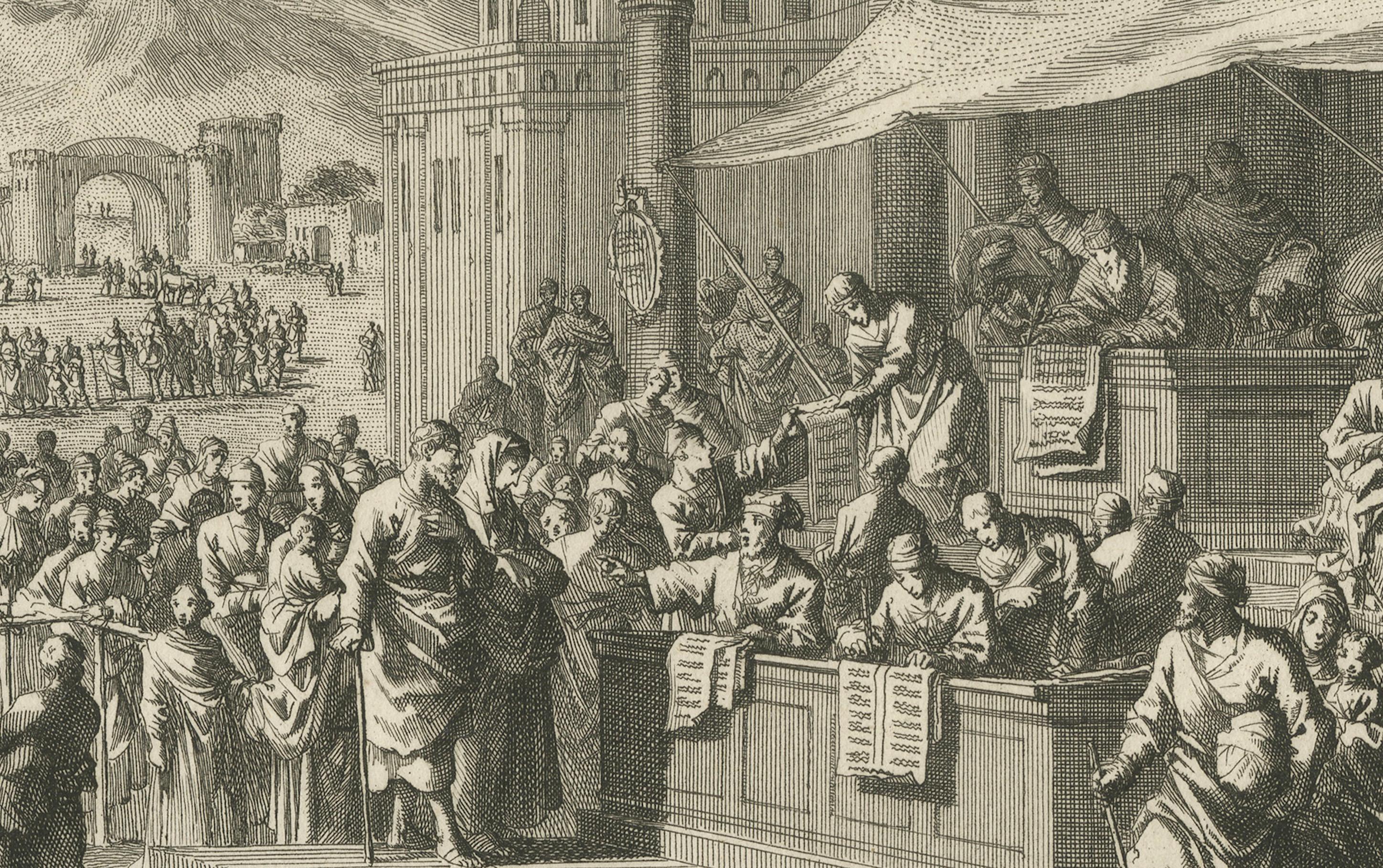 Zählung von Bethlehem und Christi Geburt - Mortier-Stich, 1700er Jahre (Frühes 18. Jahrhundert) im Angebot