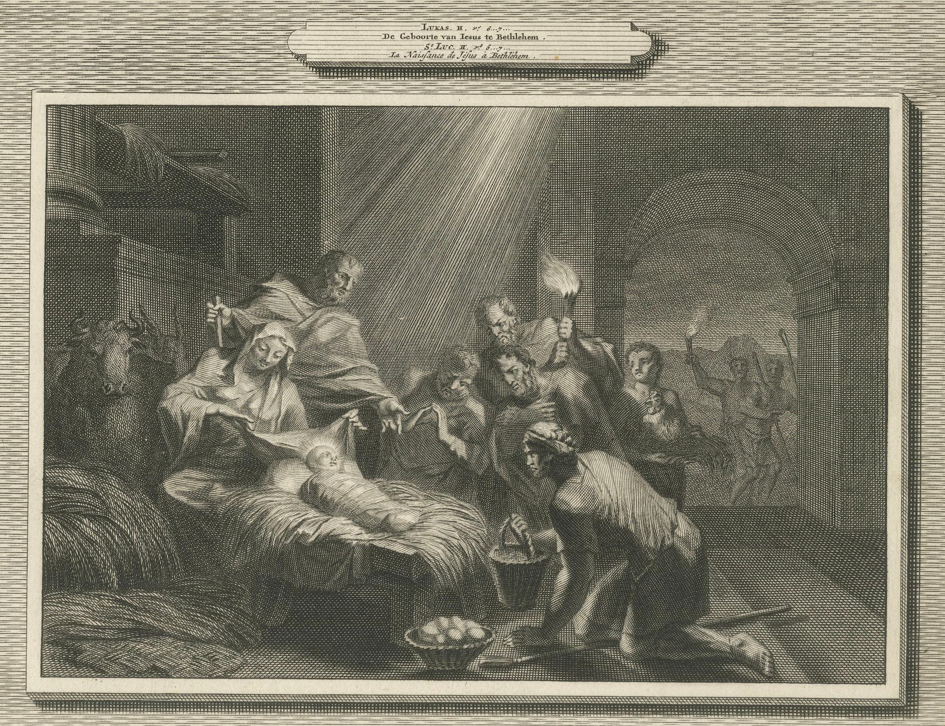 Zählung von Bethlehem und Christi Geburt - Mortier-Stich, 1700er Jahre (Papier) im Angebot