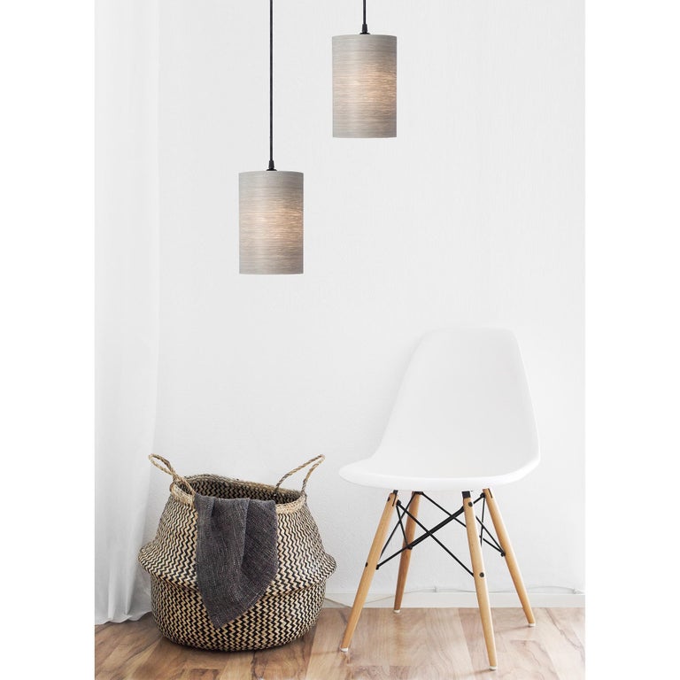 Hand-Crafted Mid-Century Modern gray wood veneer cylinder pendant For Sale
