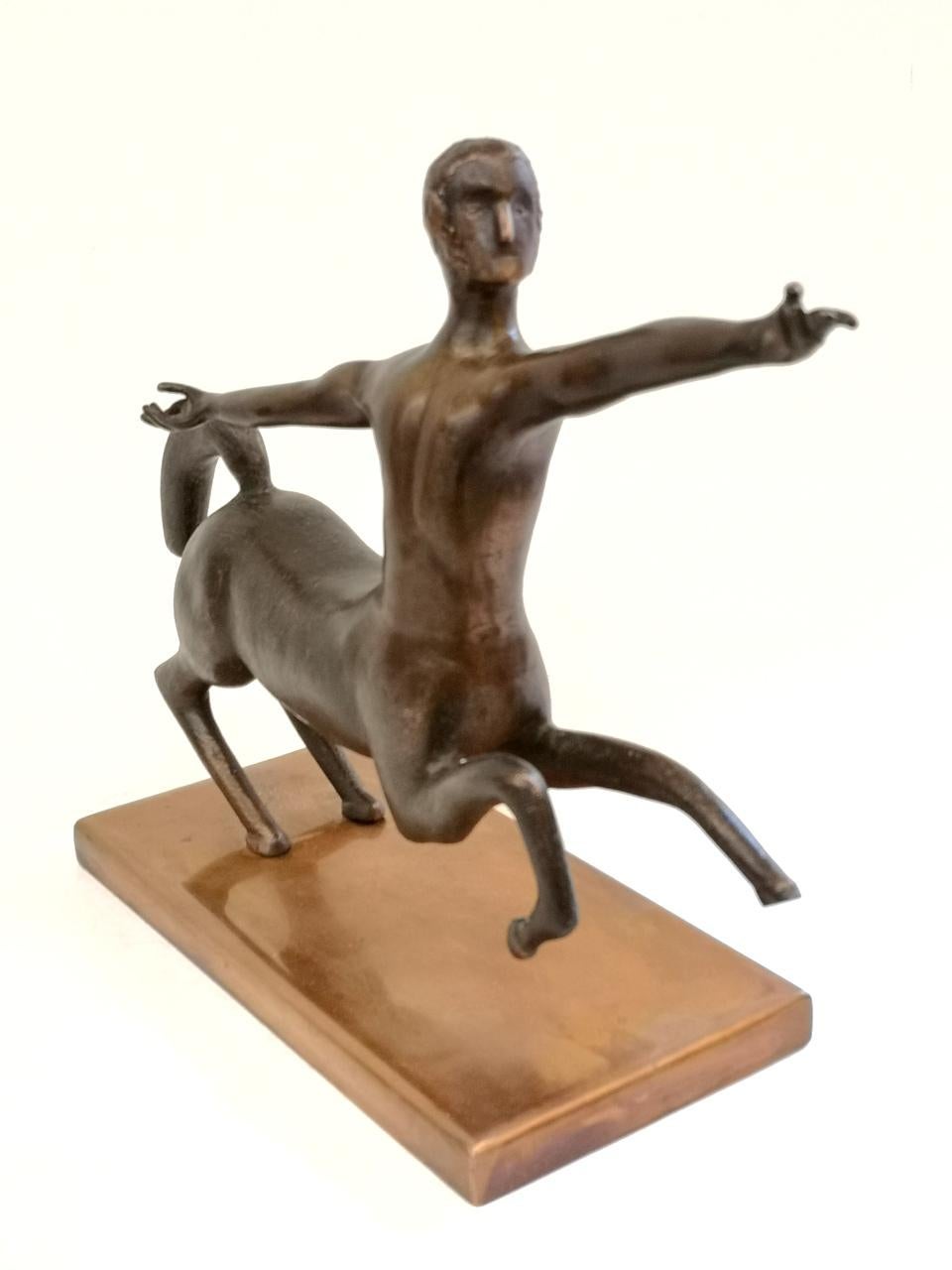 Nicely patinated Centaur bronze cast on a brass base, from unknown artist, 1970s.