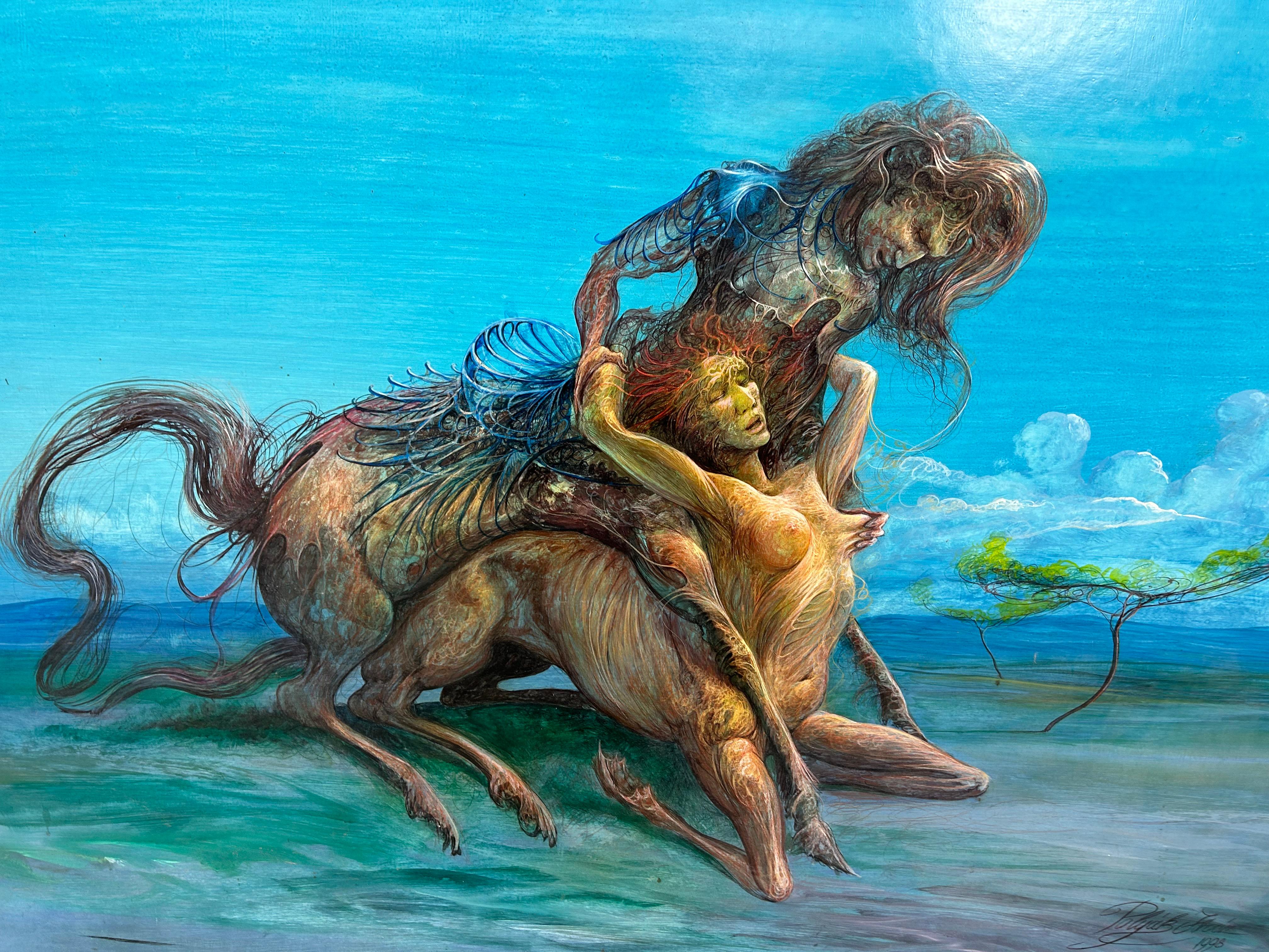 Centaurs by Polyák István Vilmos combined technique on the painting board. Signed in the lower right corner Polyák István 1998.