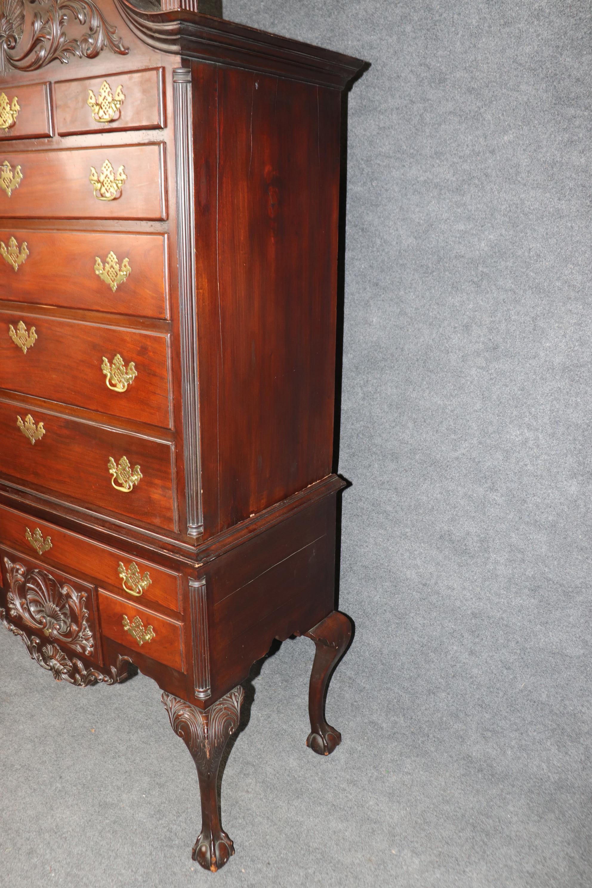 Chippendale Centennial Antique 1870s Era Philadelphia Carved Mahogany Highboy with Shells For Sale