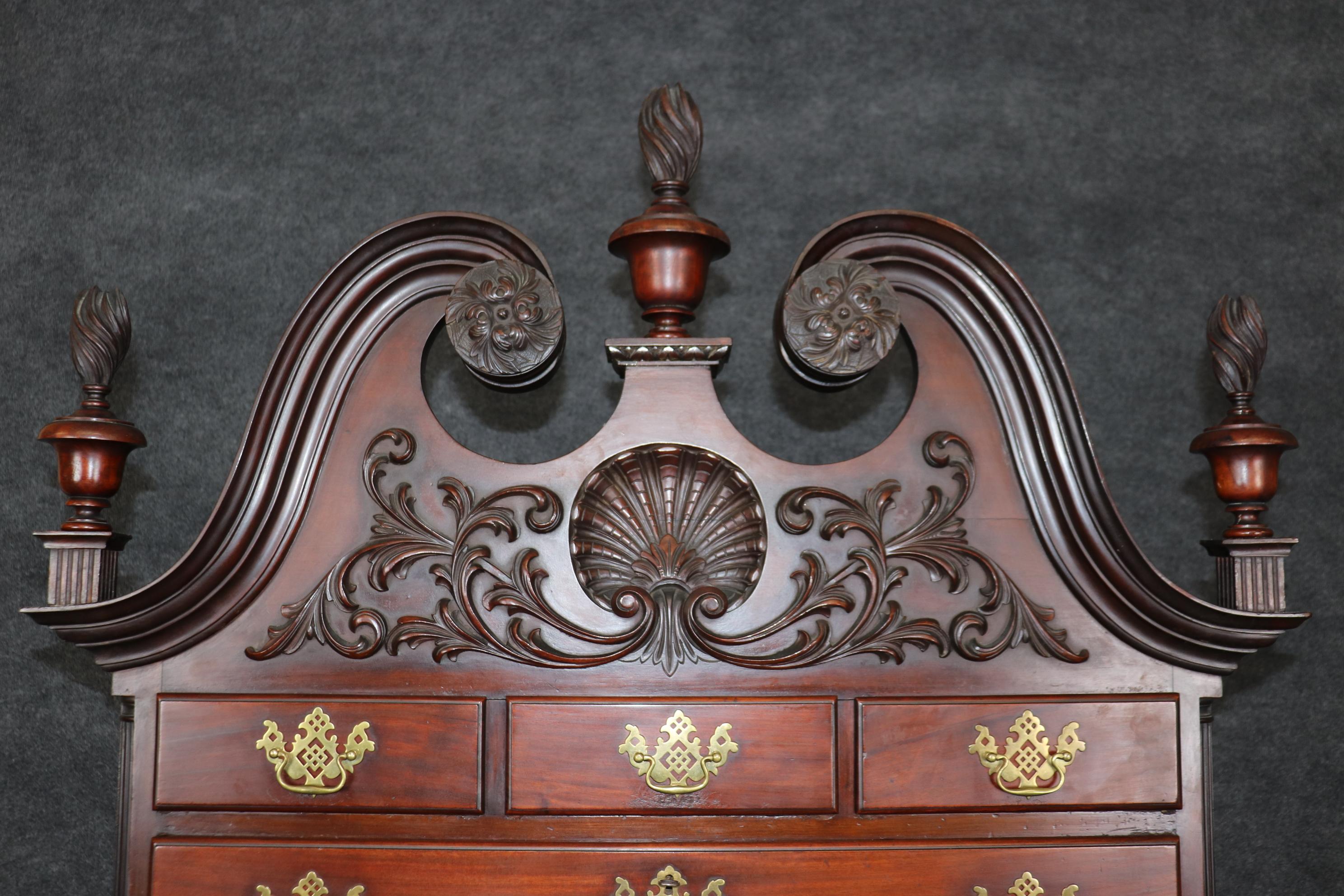 American Centennial Antique 1870s Era Philadelphia Carved Mahogany Highboy with Shells For Sale