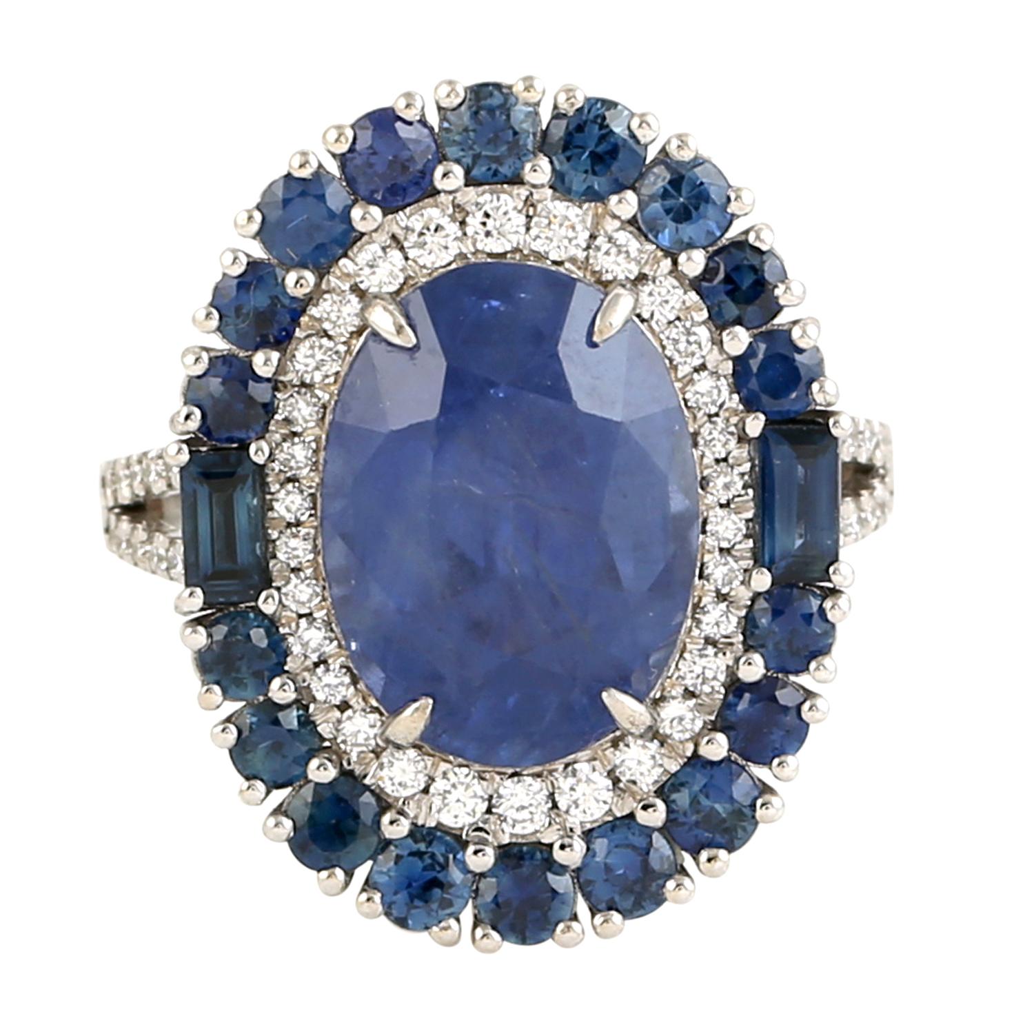 Mixed Cut Ceylon Blue Sapphire Cocktail Ring Accented With Baguette & Round Sapphire For Sale