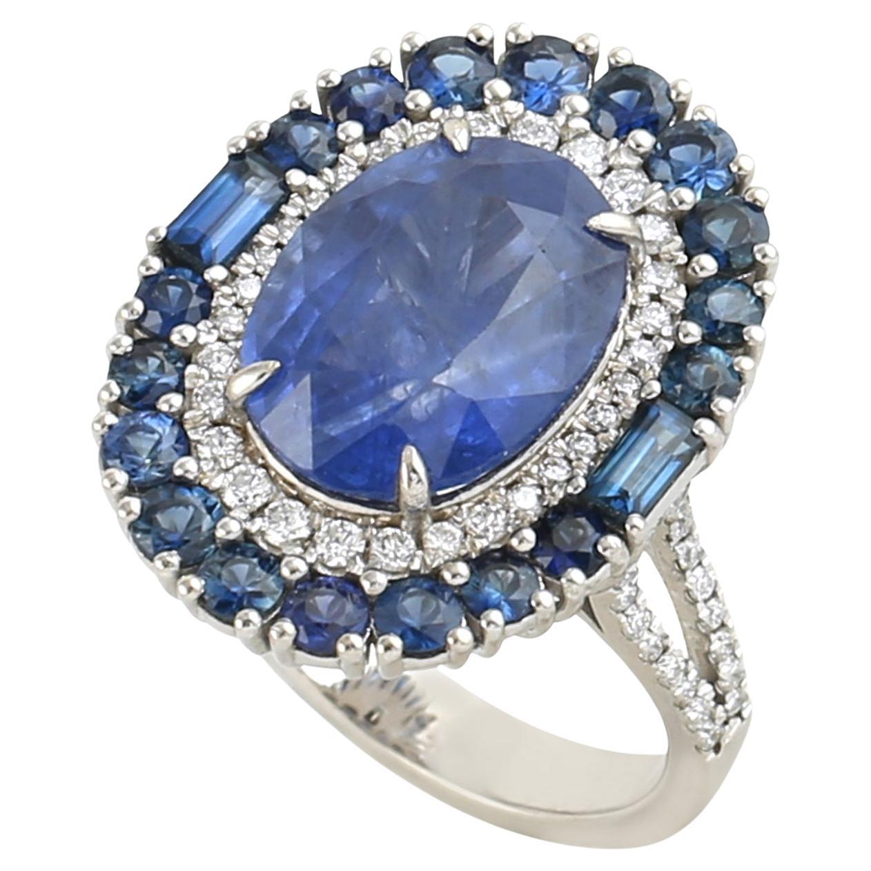 Ceylon Blue Sapphire Cocktail Ring Accented With Baguette & Round Sapphire