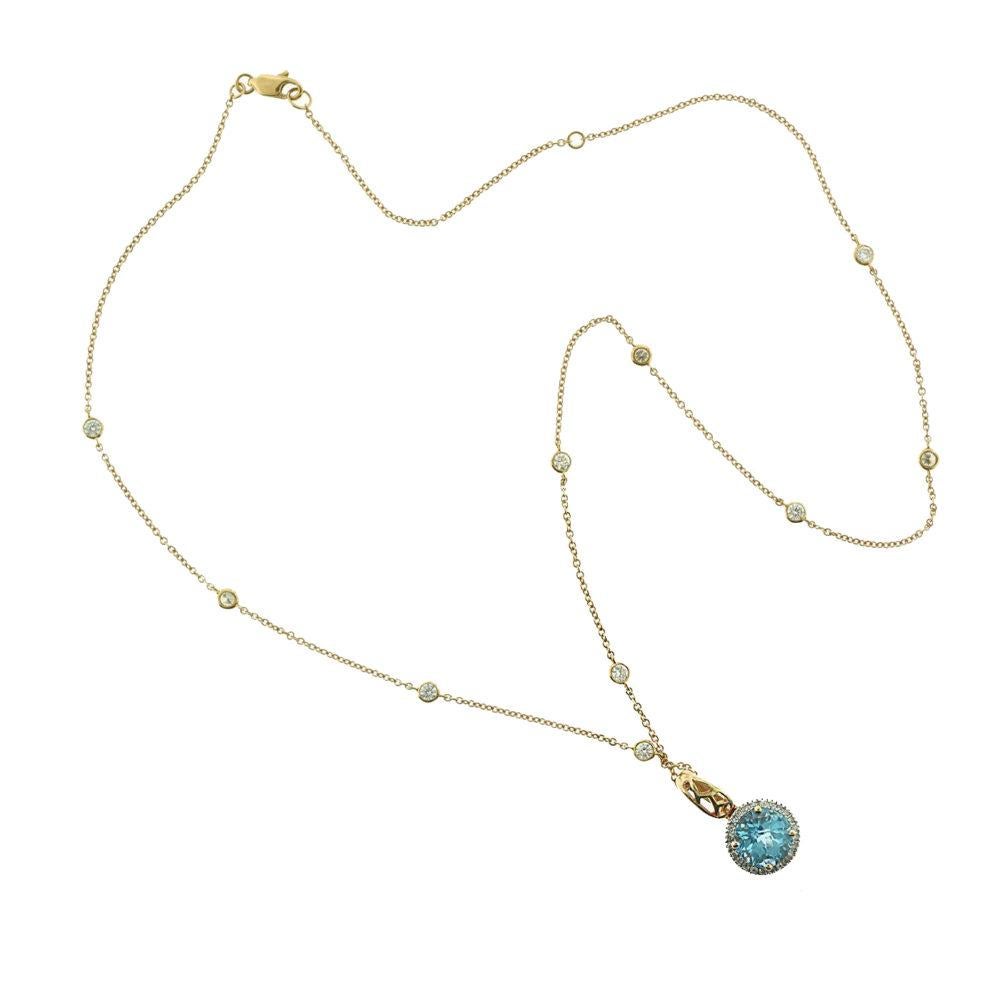Women's or Men's Center Blue Topaz and Diamond in 18 Karat Yellow Gold Halo Pendant Necklace