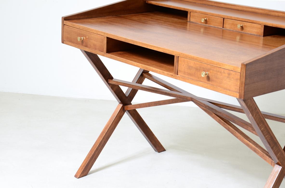 COD-2470
Center desk in walnut with beautiful cross on the base and little houses on the top.

Italian manufacture, 1960's