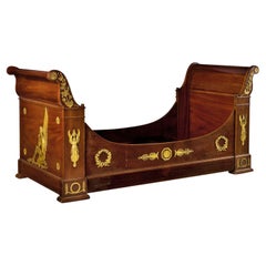 Center Empire Bed Plated in Mahogany Feather, France, 19th Century