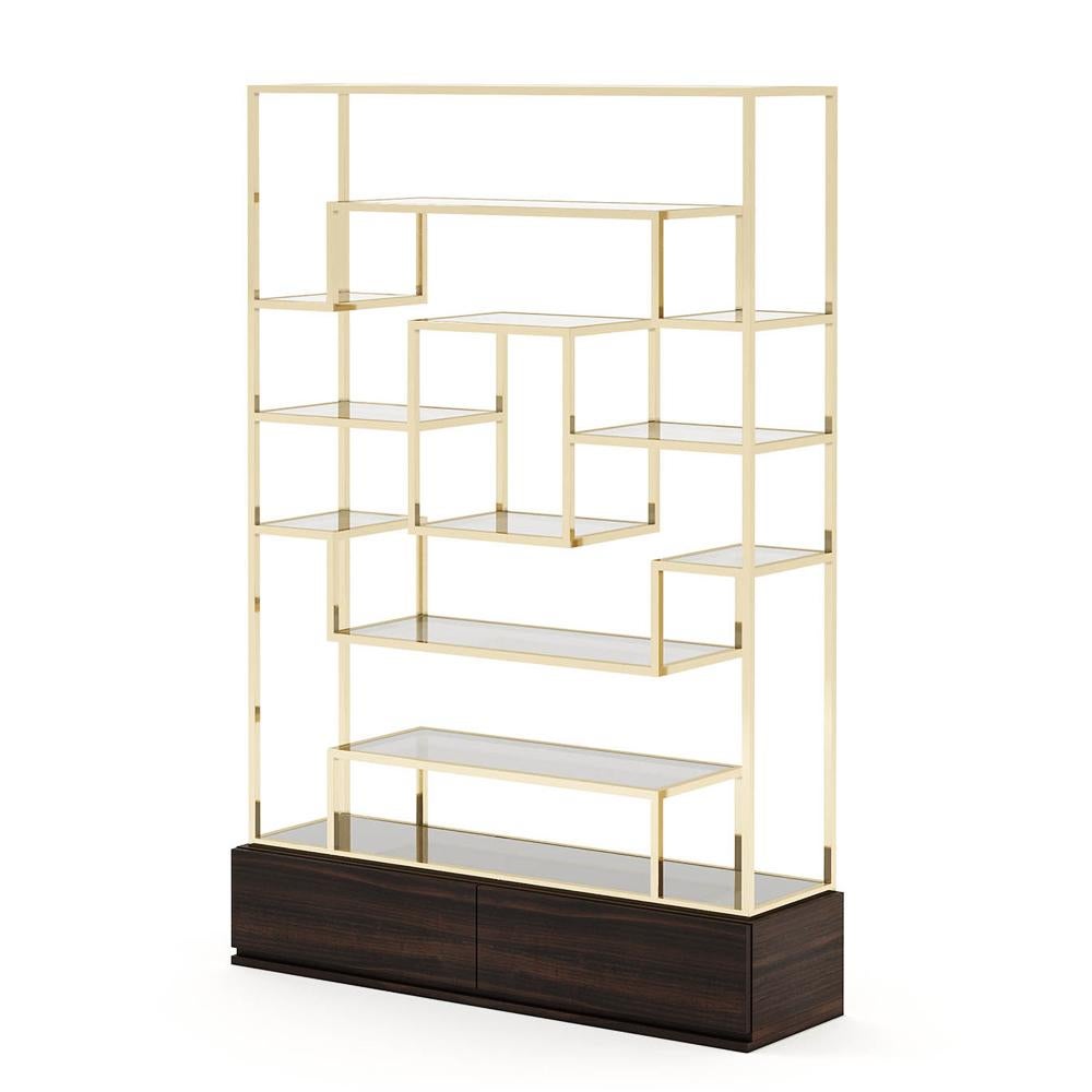 Shelf centre frame with base in solid smoked
matte eucalyptus and with frame in polished
stainless steel in gold finish. With shelves in
clear glass. Wooden base included 2 drawers.