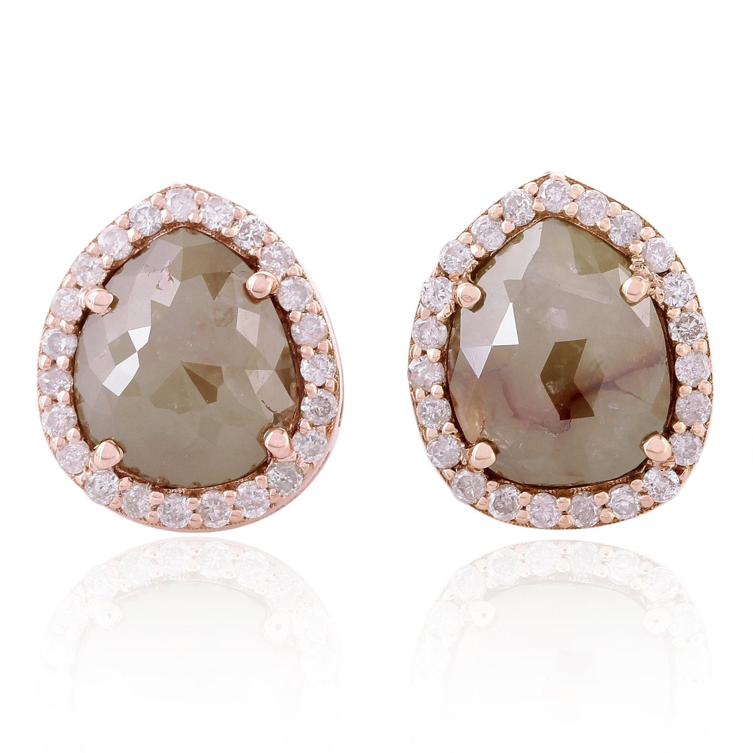 Round Cut Ice Diamond Studs With Pave Diamonds Made in 18k Gold For Sale
