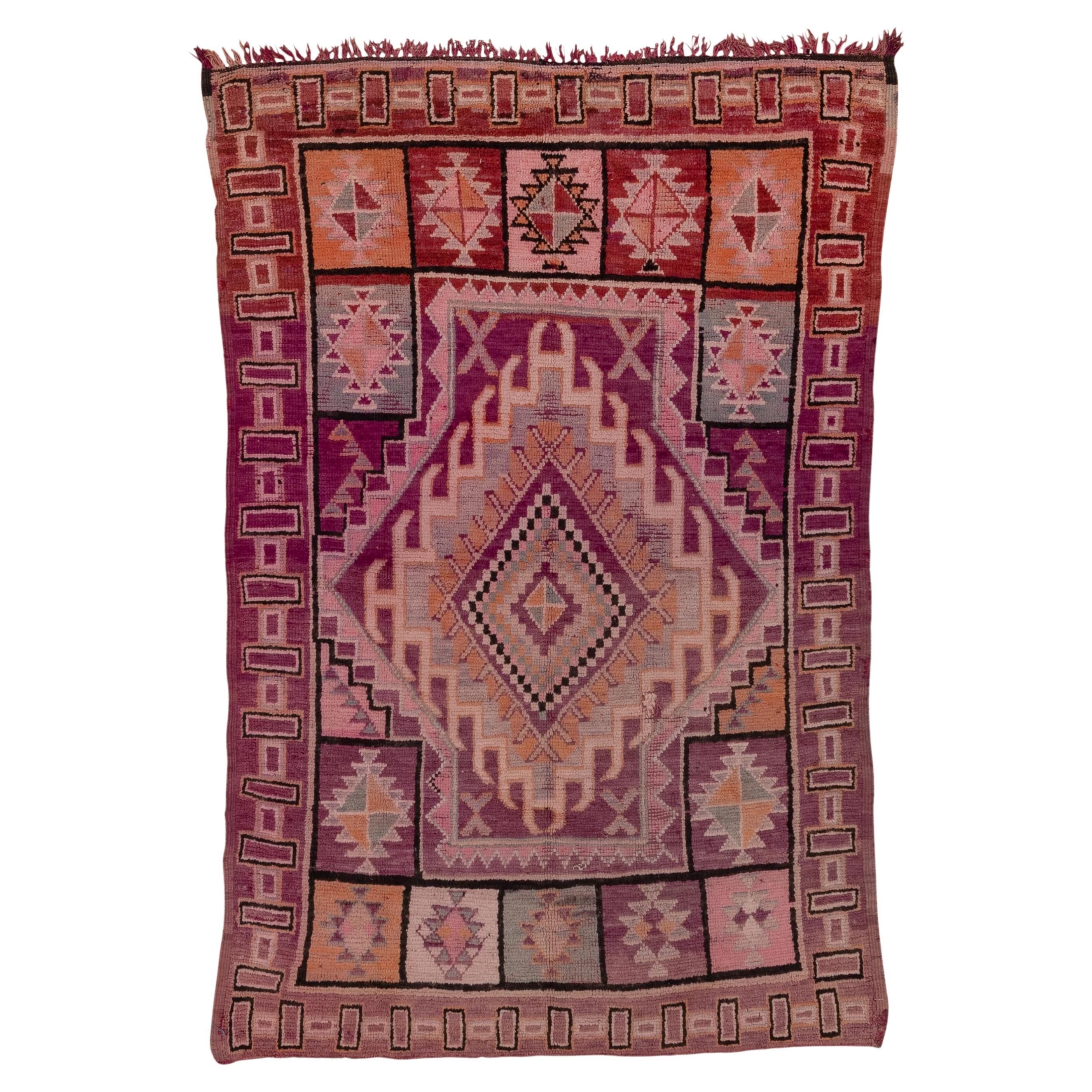 Center Medallion Purple Moroccan Rug with Alternating Diamond Motifs